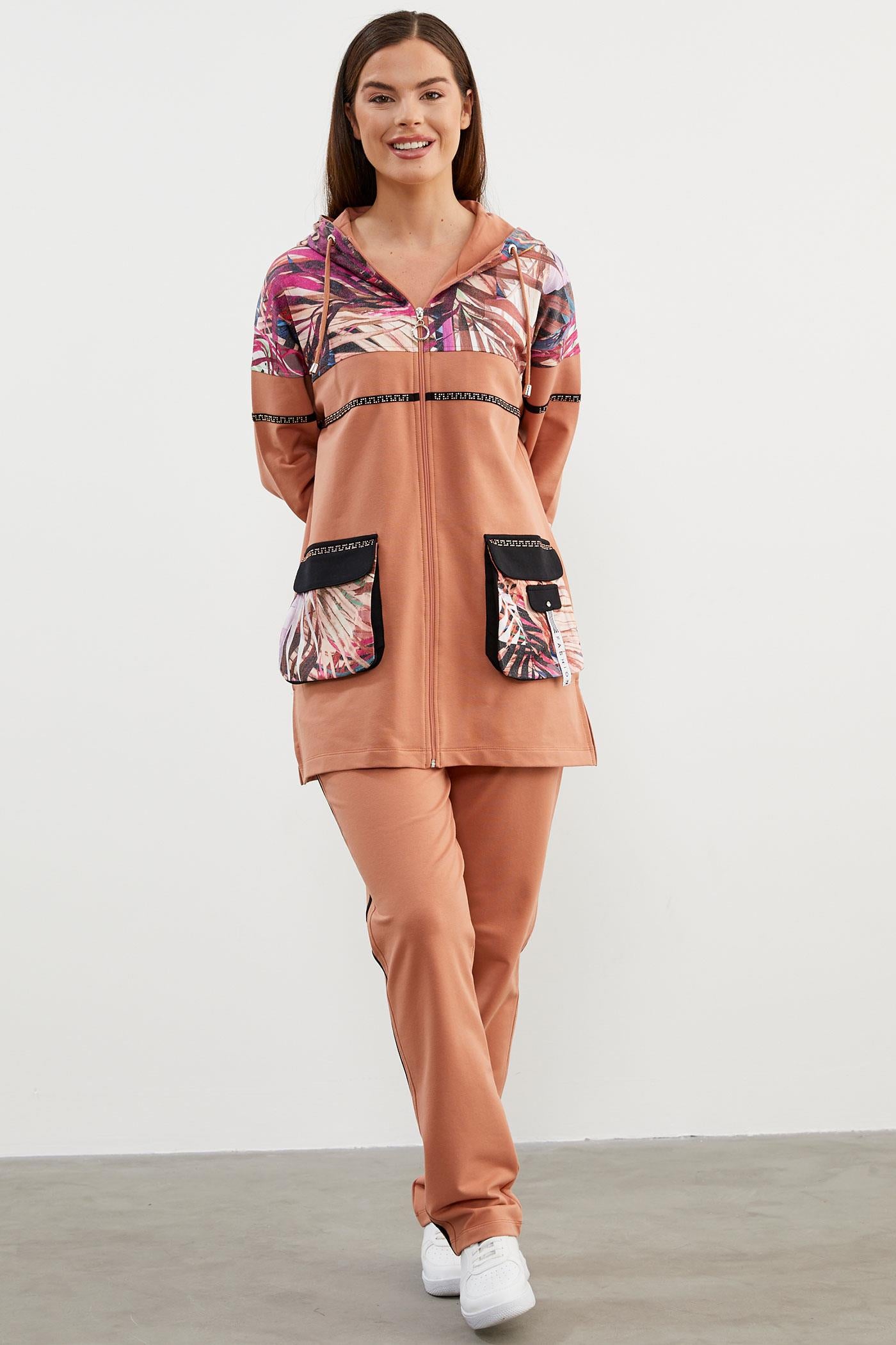 Desen Kombinli Fermuarlı Eşofman Takım - Somon (2) Sementa