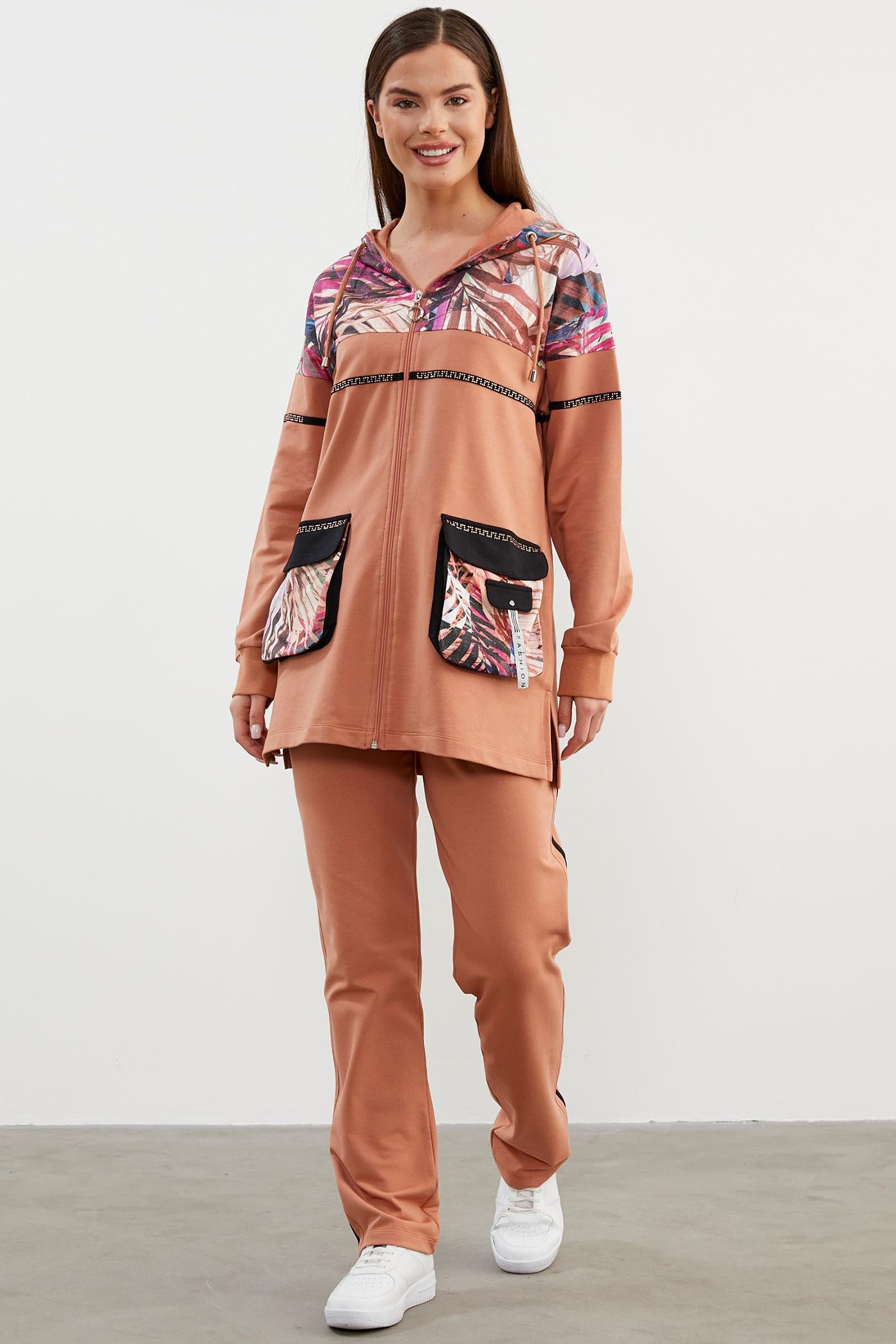 Desen Kombinli Fermuarlı Eşofman Takım - Somon (3) Sementa