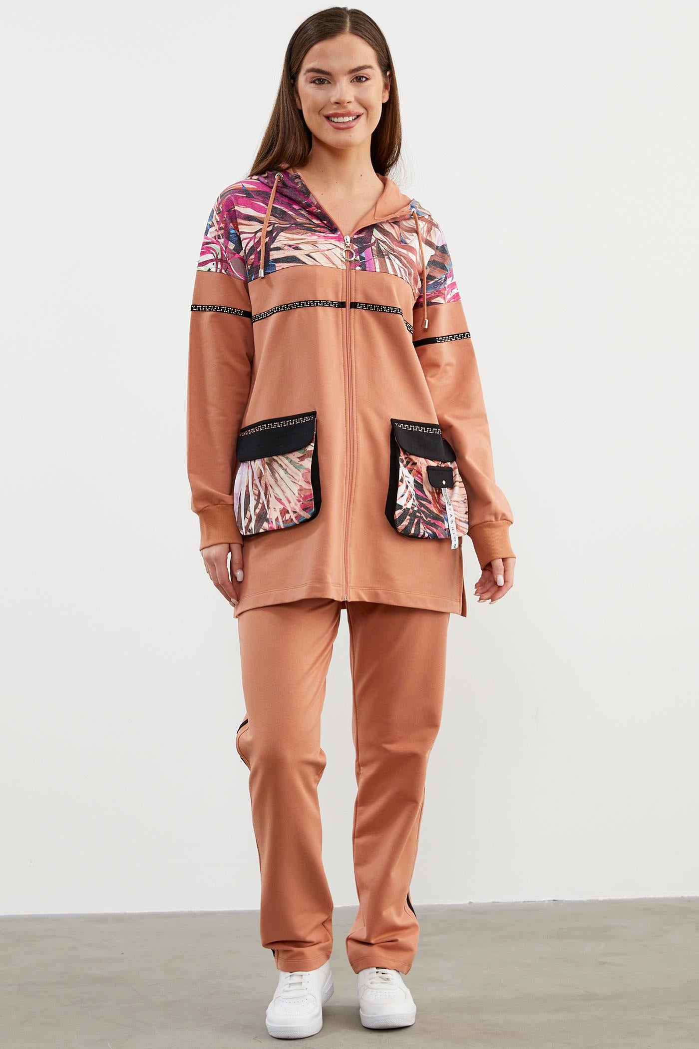 Desen Kombinli Fermuarlı Eşofman Takım - Somon (1) Sementa