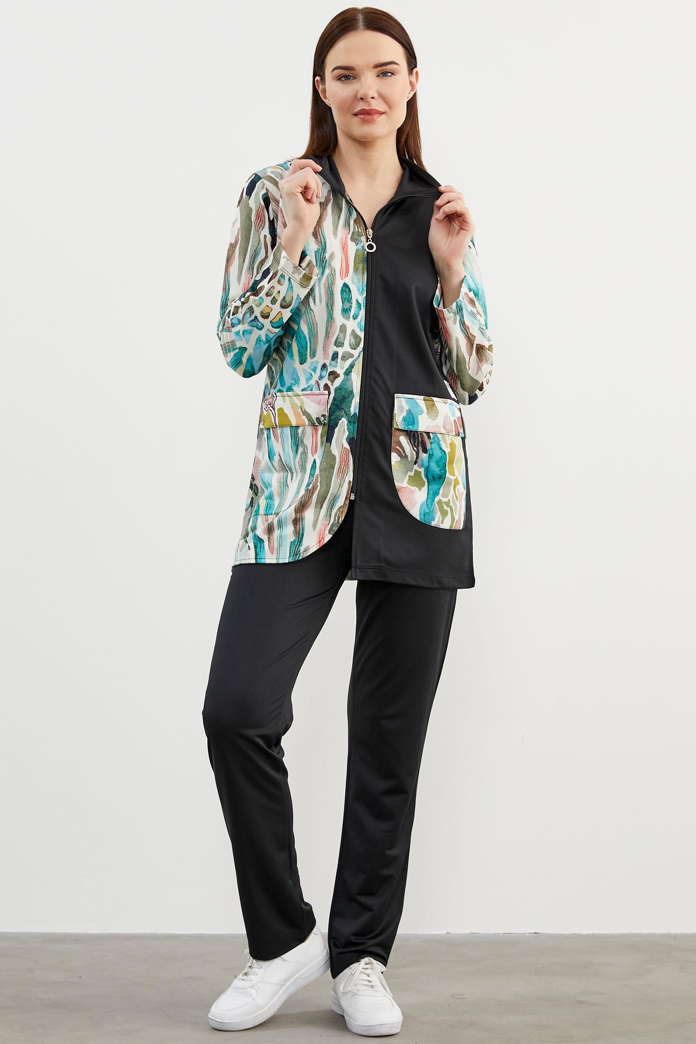 Desen Kombinli Geniş Beden Eşofman Takım - Haki (1) Sementa