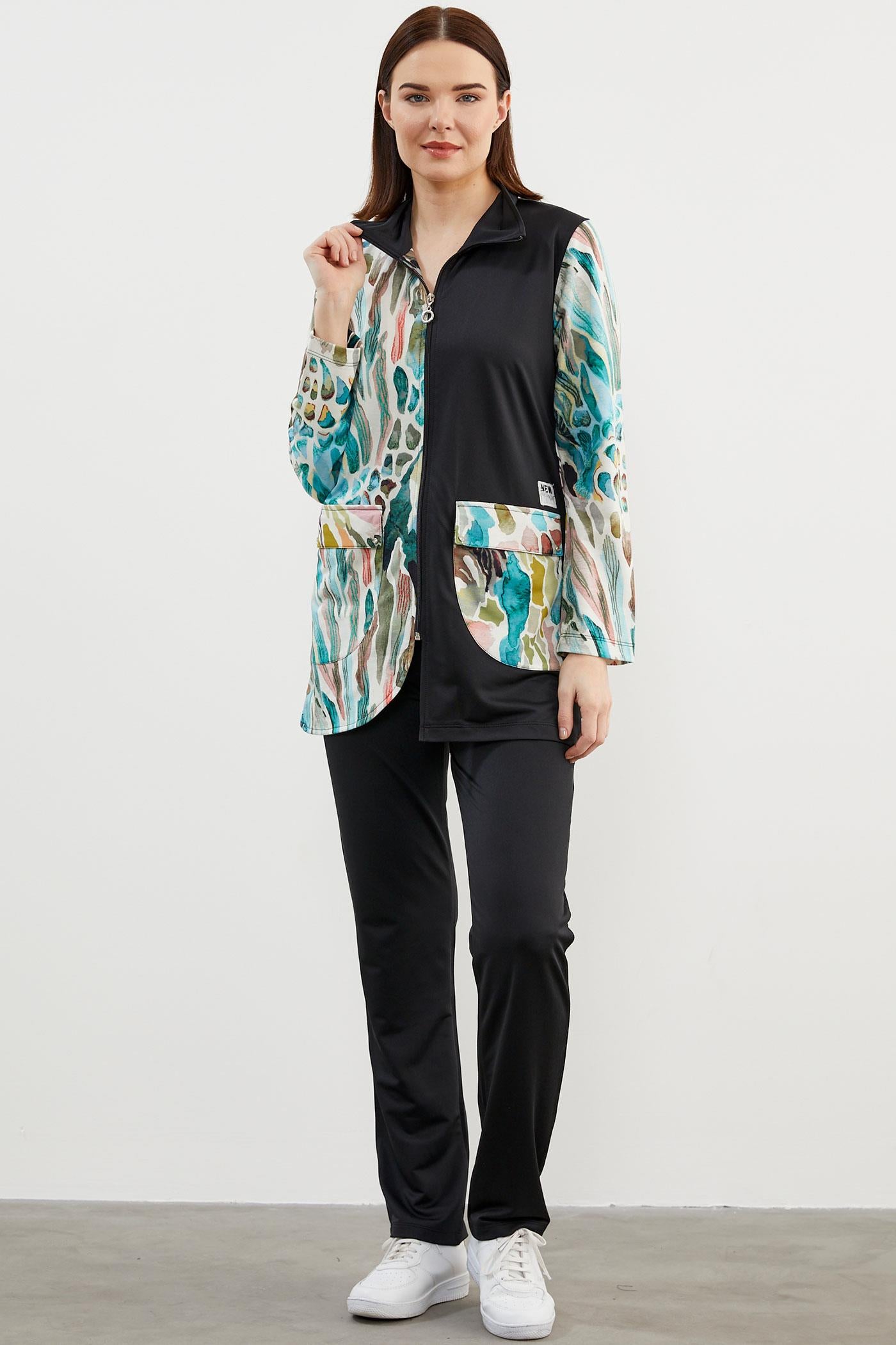 Desen Kombinli Geniş Beden Eşofman Takım - Haki (2) Sementa