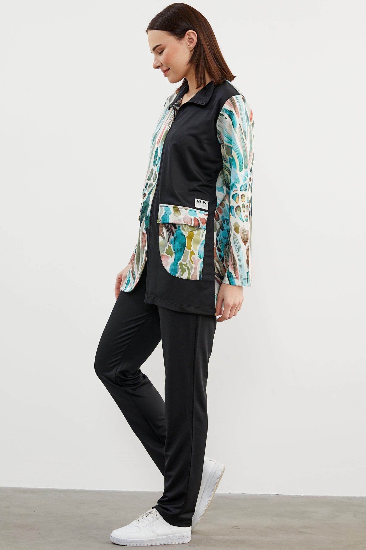 Desen Kombinli Geniş Beden Eşofman Takım - Haki (3) Sementa