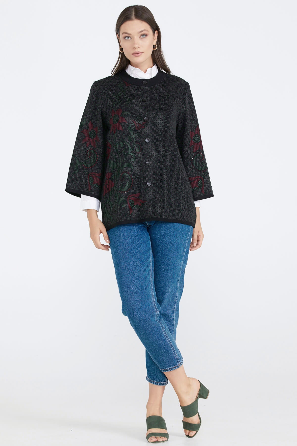 Desenli Düğmeli Kadın Triko Ceket - Siyah (1) Sementa