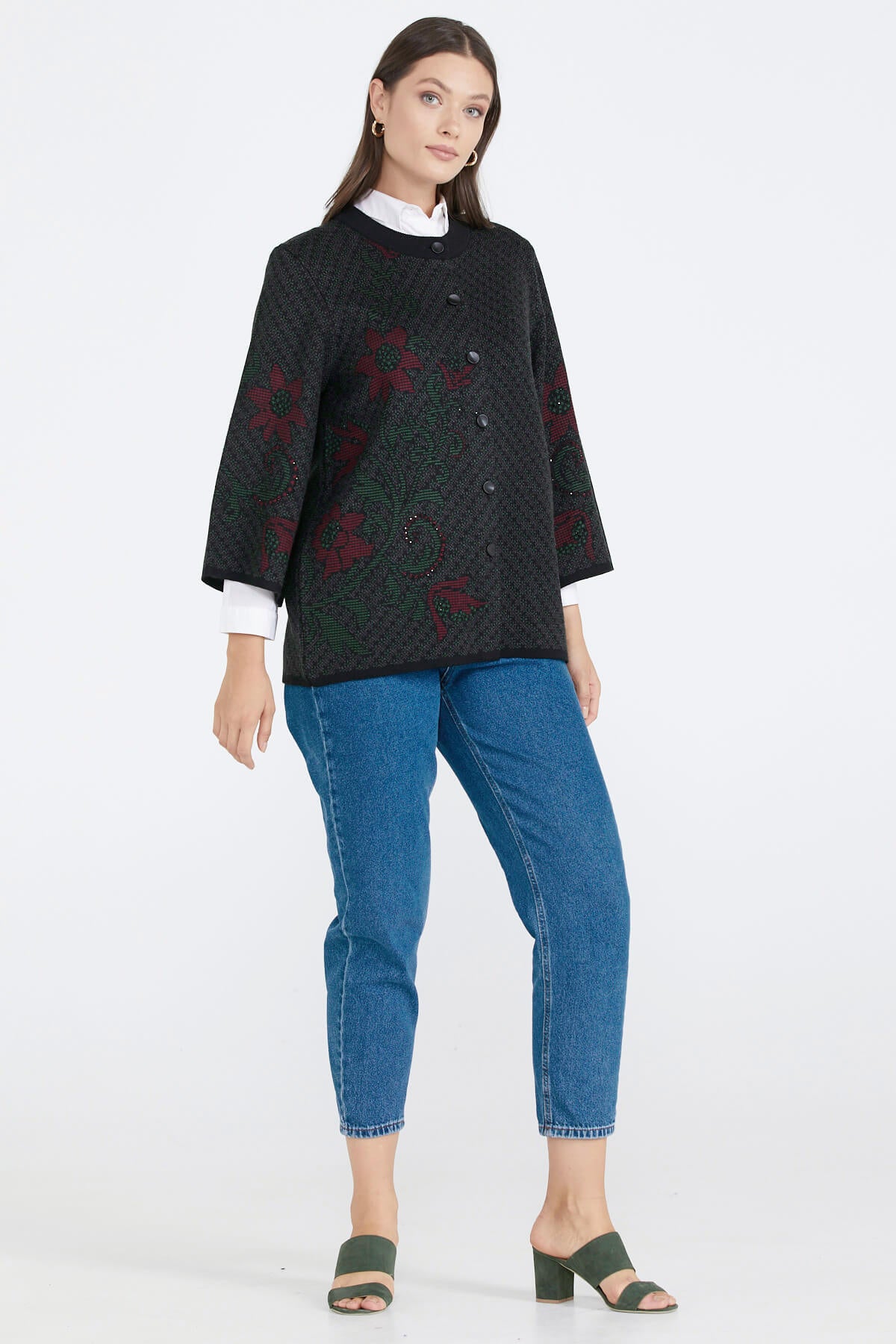 Desenli Düğmeli Kadın Triko Ceket - Siyah (2) Sementa