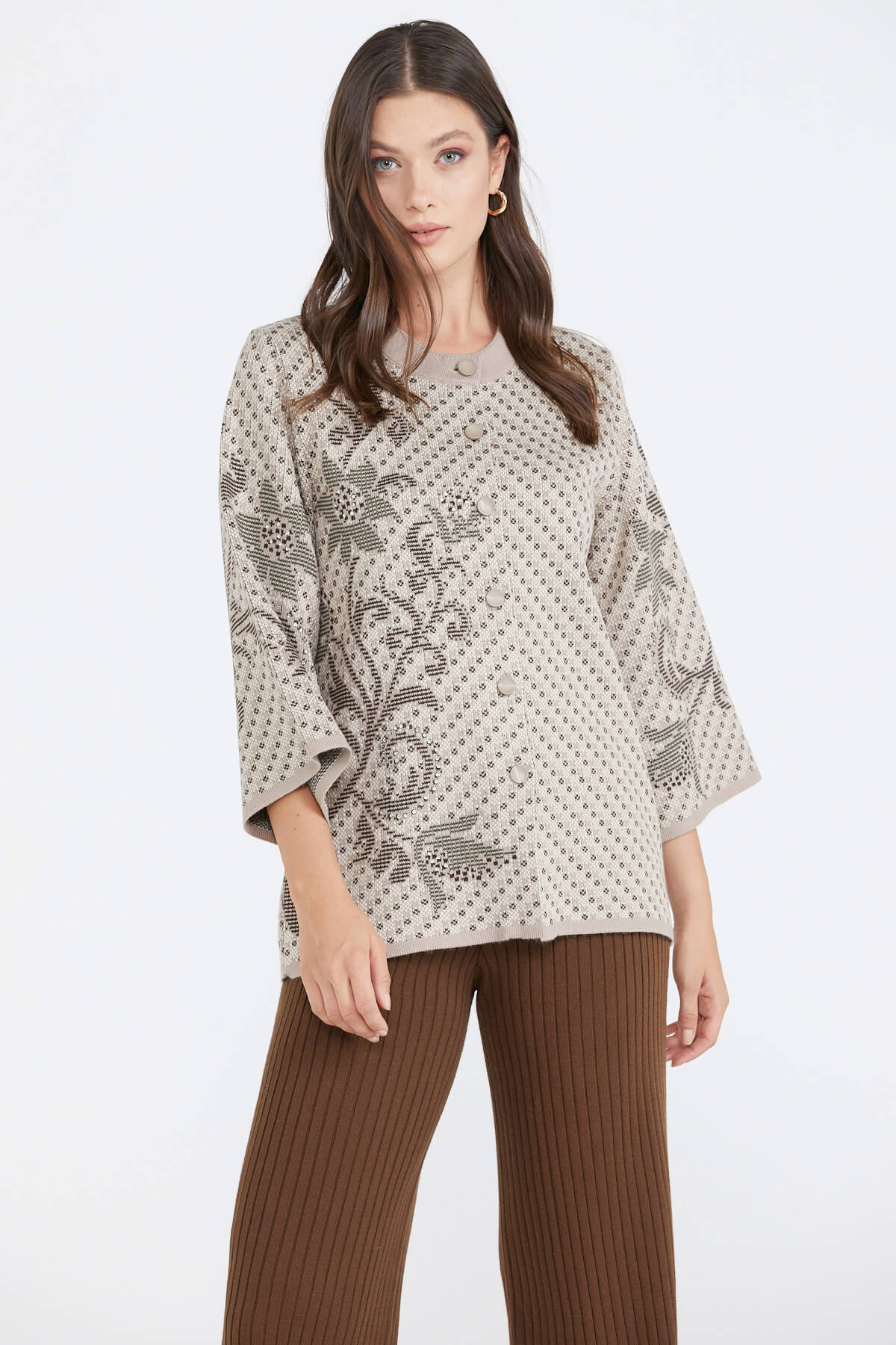 Desenli Düğmeli Kadın Triko Ceket - Vizon (1) Sementa