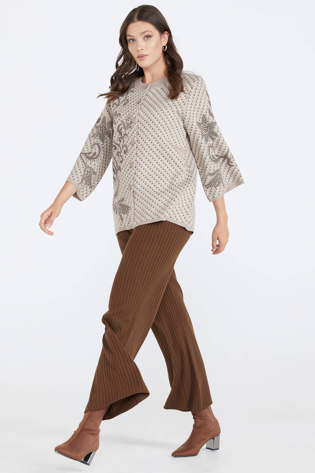 Desenli Düğmeli Kadın Triko Ceket - Vizon (2) Sementa