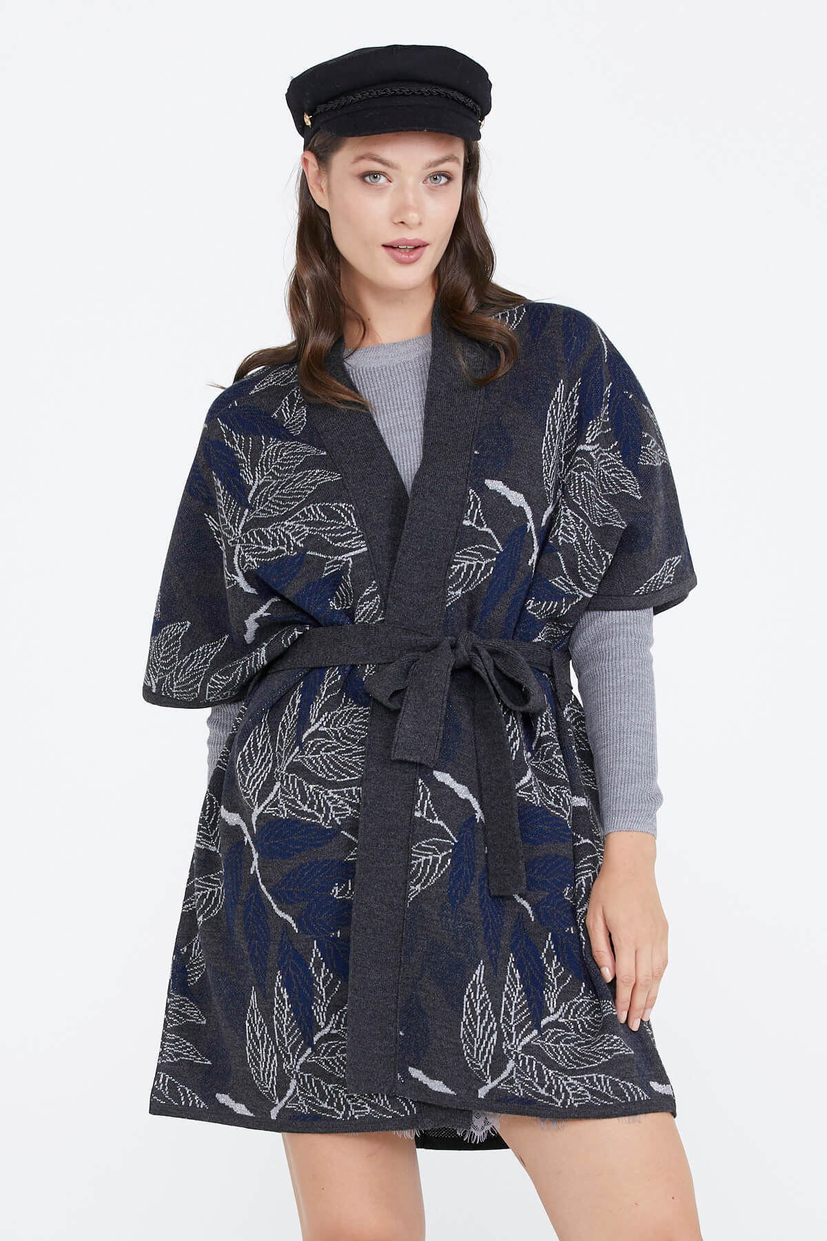 Desenli Kadın Triko Ceket - Antrasit (1) Sementa