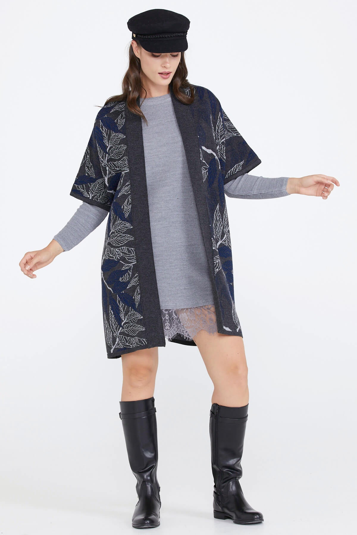 Desenli Kadın Triko Ceket - Antrasit (2) Sementa