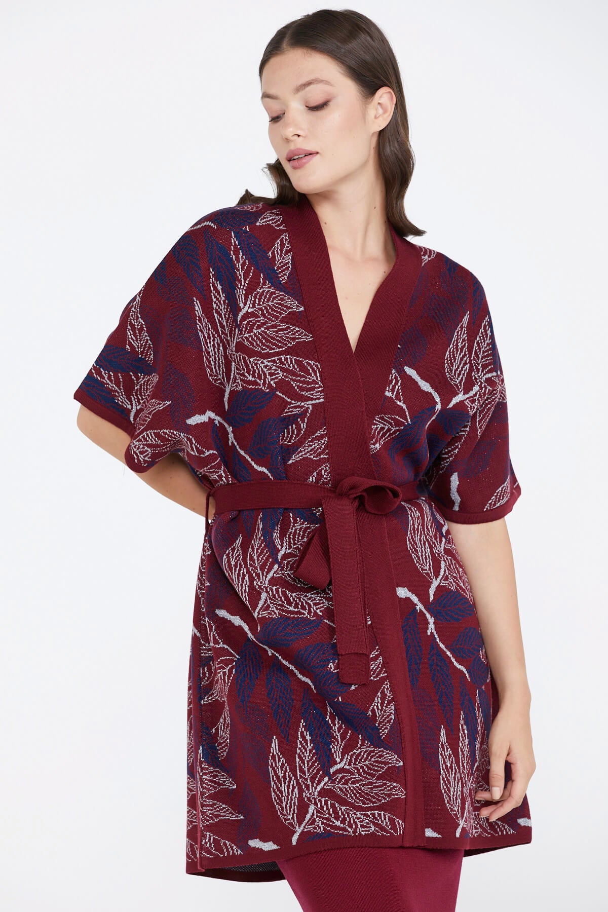 Desenli Kadın Triko Ceket - Bordo (1) Sementa