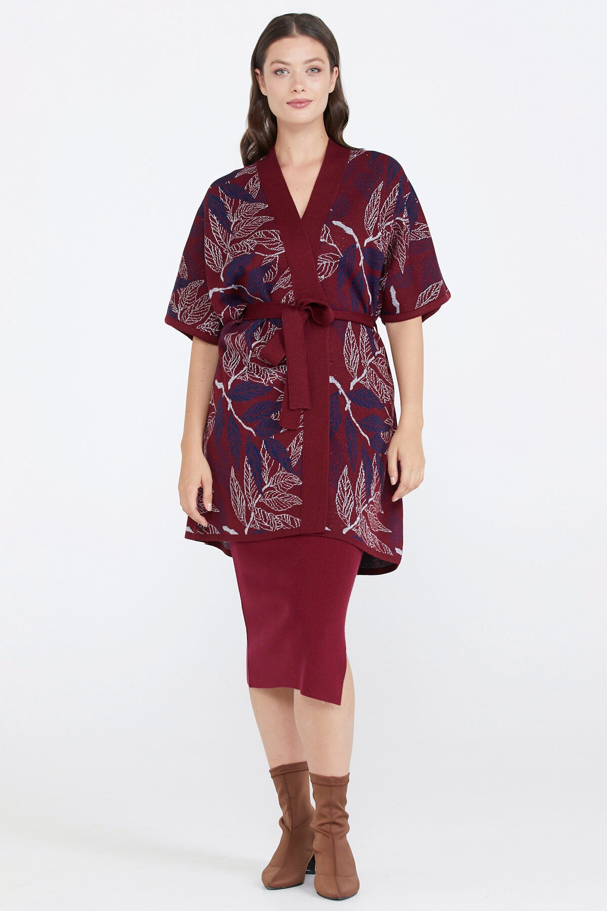 Desenli Kadın Triko Ceket - Bordo (2) Sementa