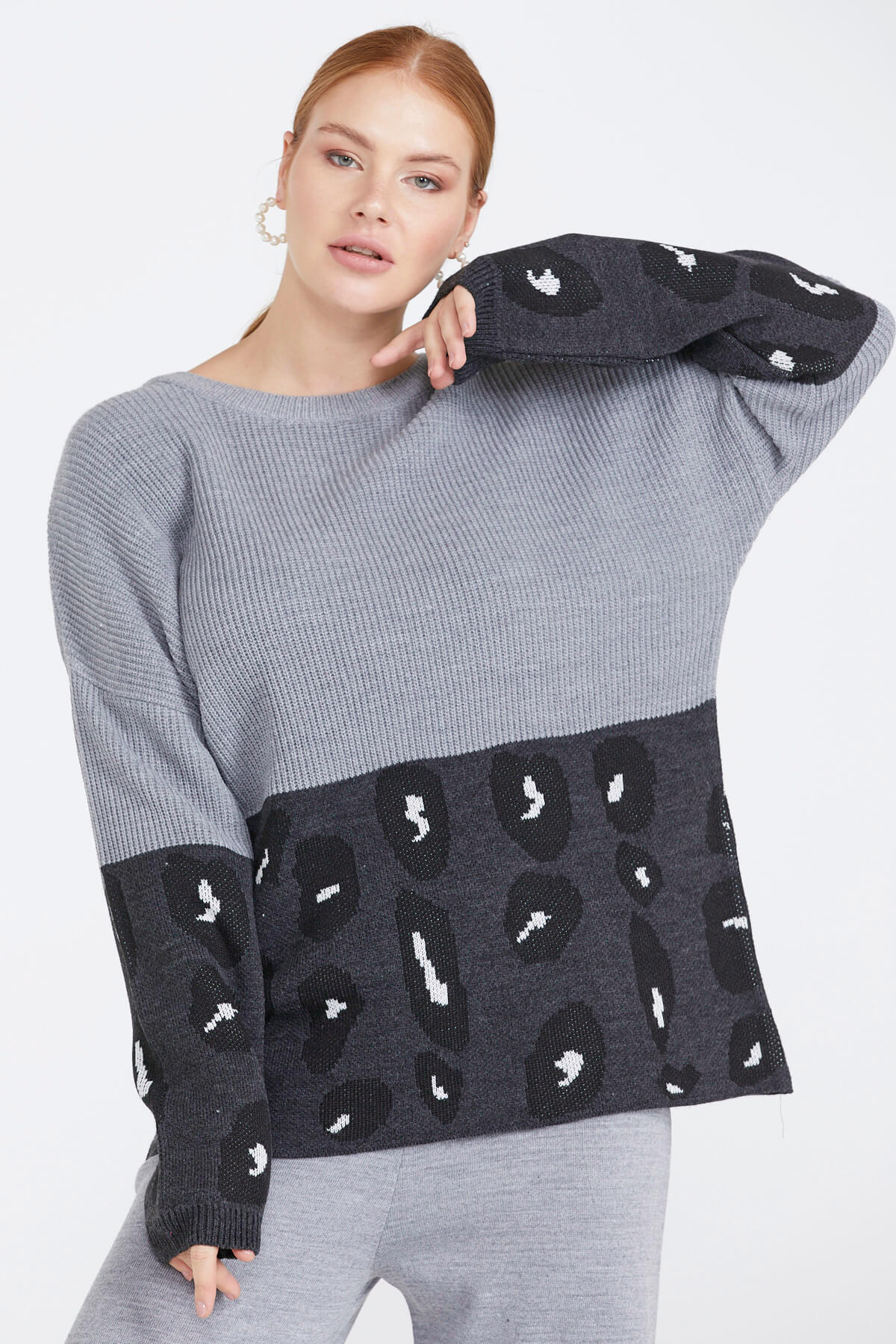 Desenli Kadın Triko Kazak - Gri (1) Sementa