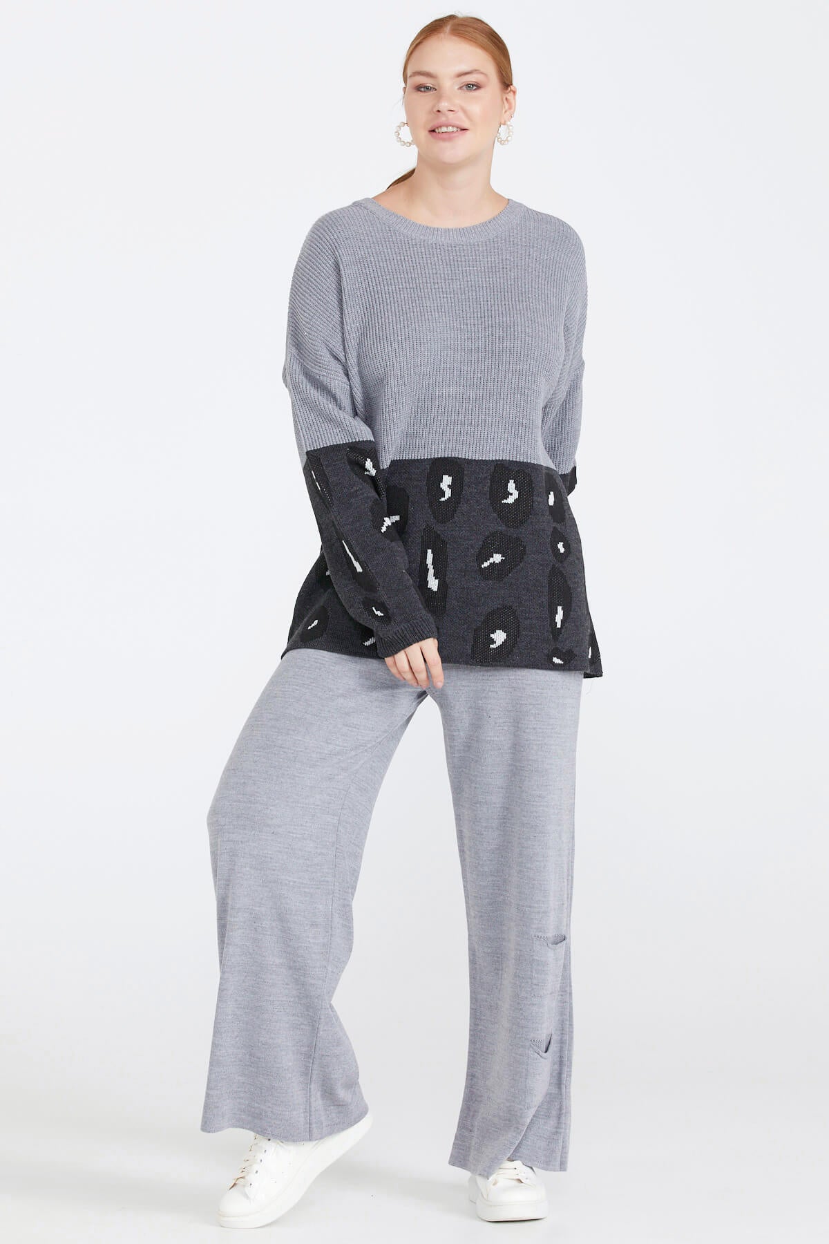 Desenli Kadın Triko Kazak - Gri (2) Sementa
