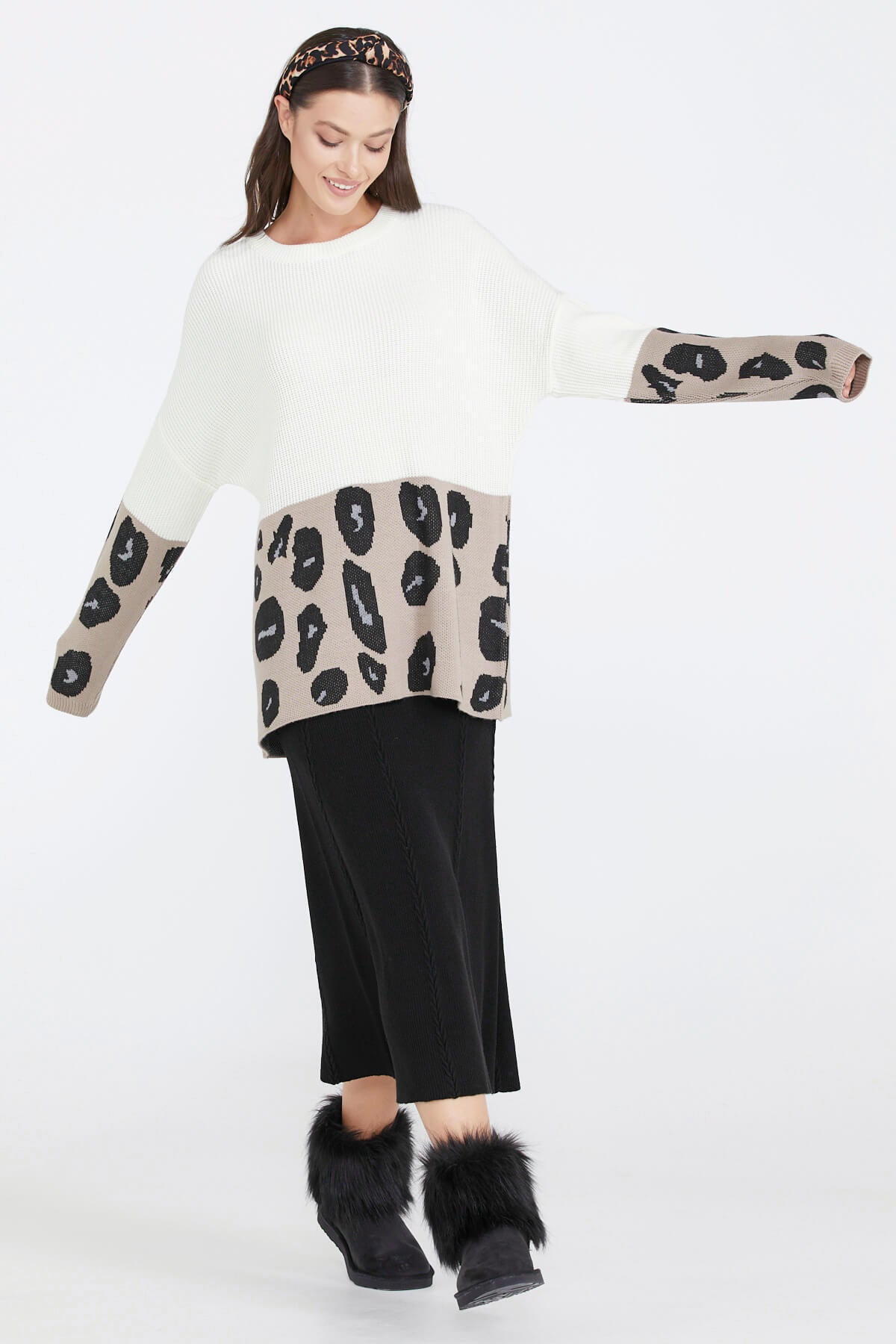 Desenli Kadın Triko Kazak - Kemik (1) Sementa