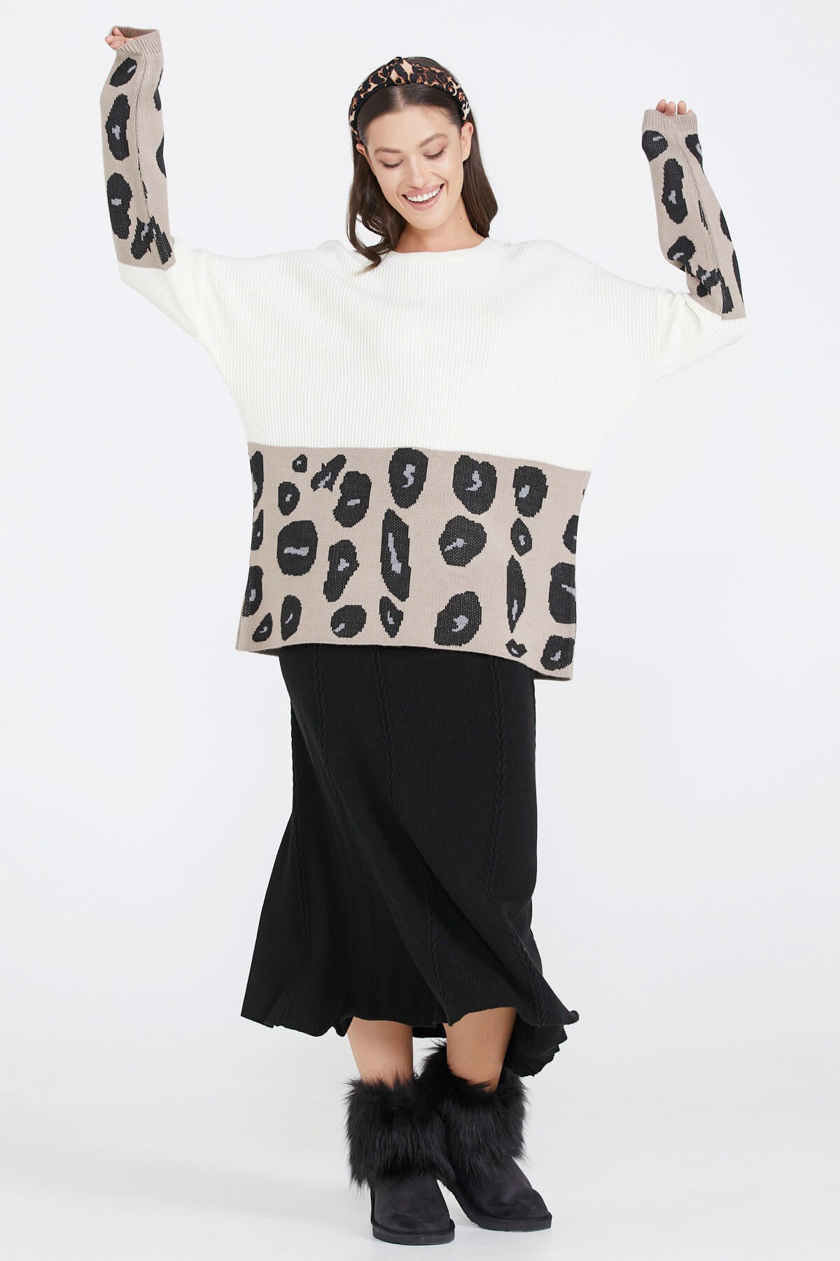 Desenli Kadın Triko Kazak - Kemik (2) Sementa