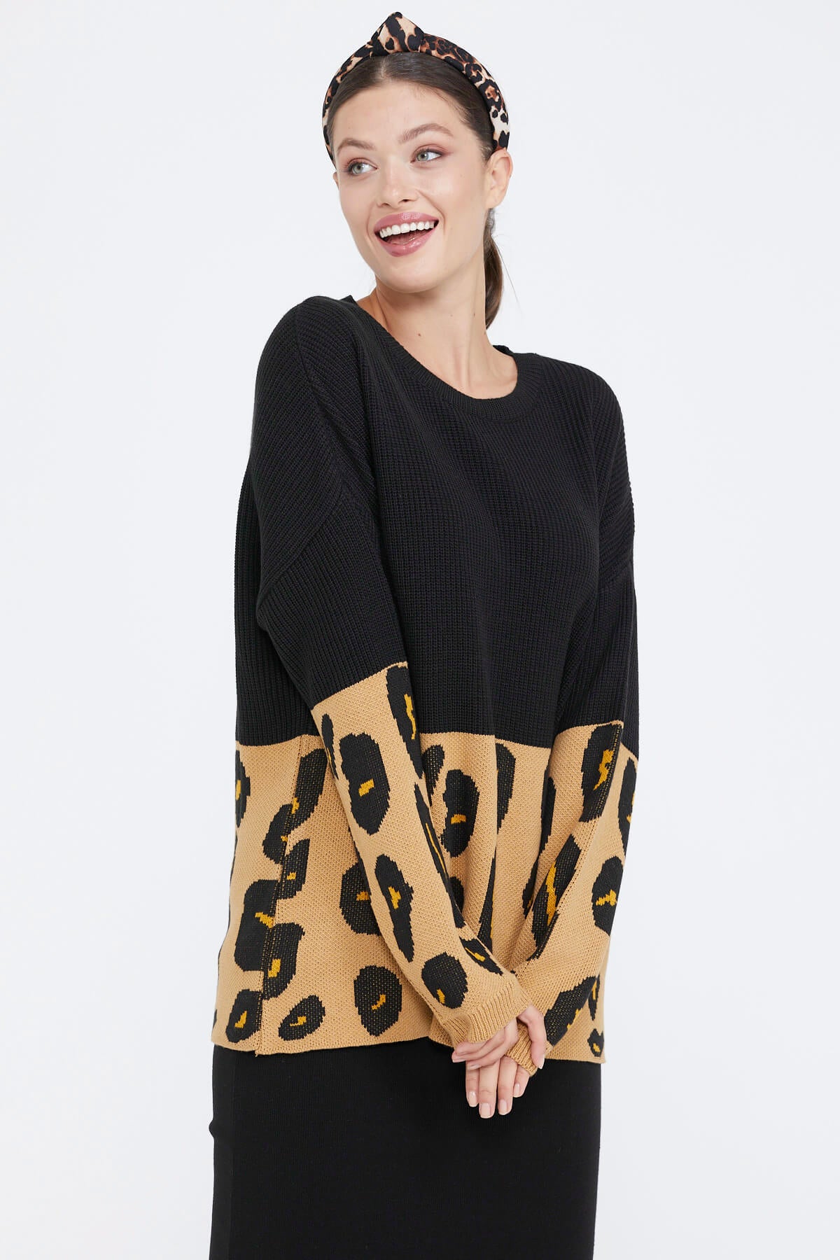 Desenli Kadın Triko Kazak - Siyah (1) Sementa