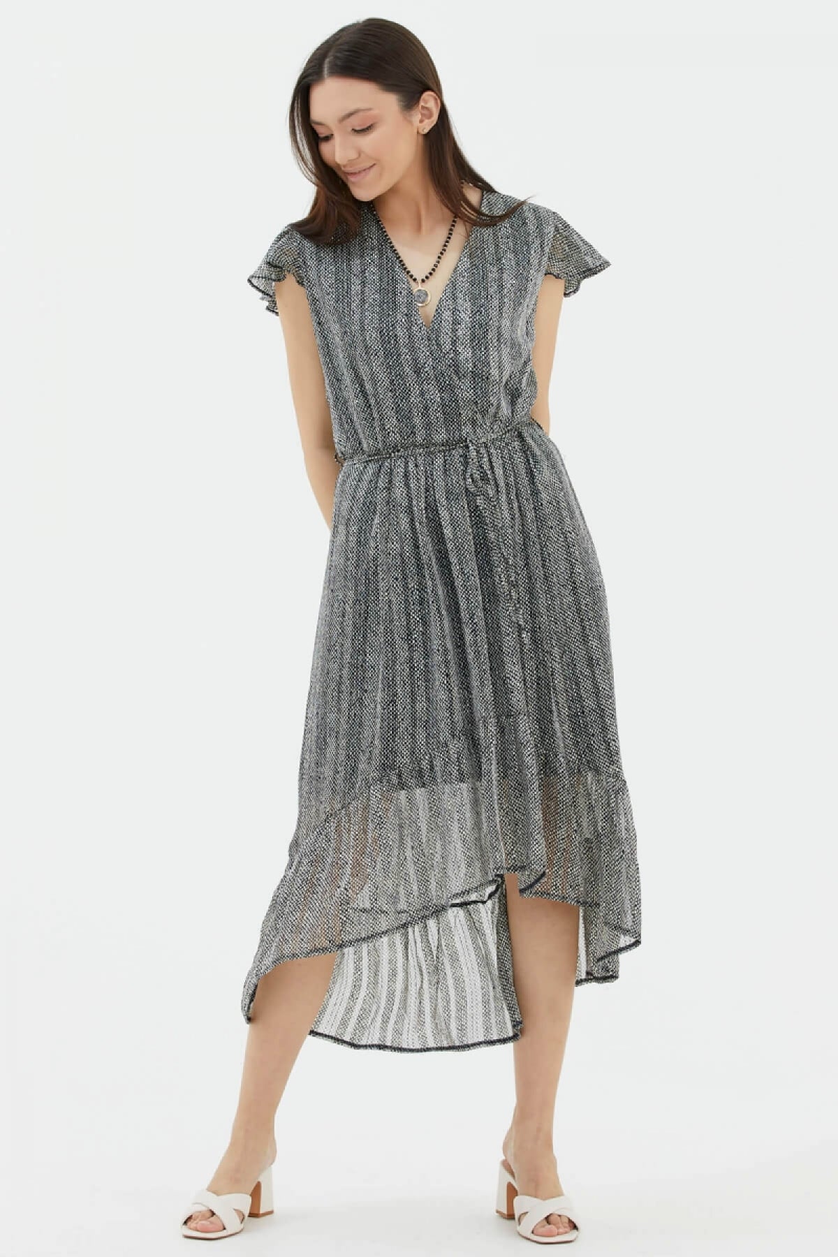 Kruvaze Desenli Elbise - Lacivert (2) Sementa