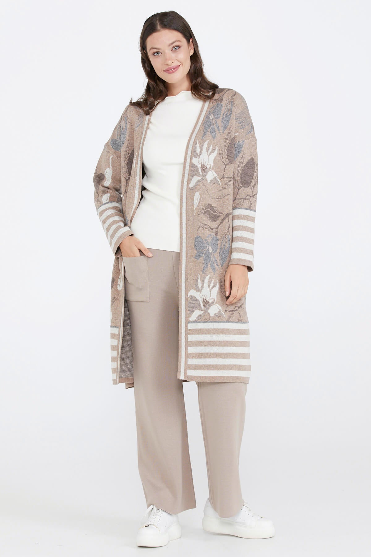Desenli Triko Kadın Ceket - Bej (1) Sementa