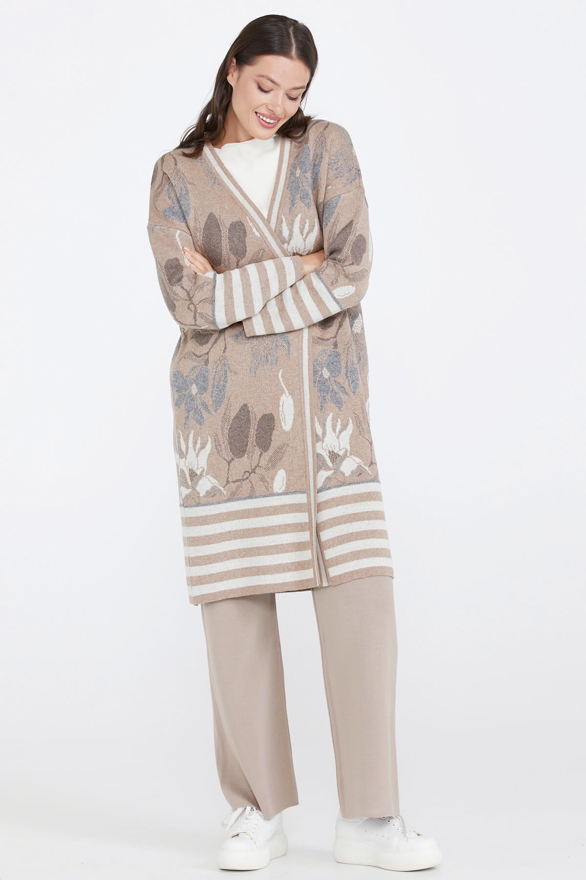 Desenli Triko Kadın Ceket - Bej (2) Sementa