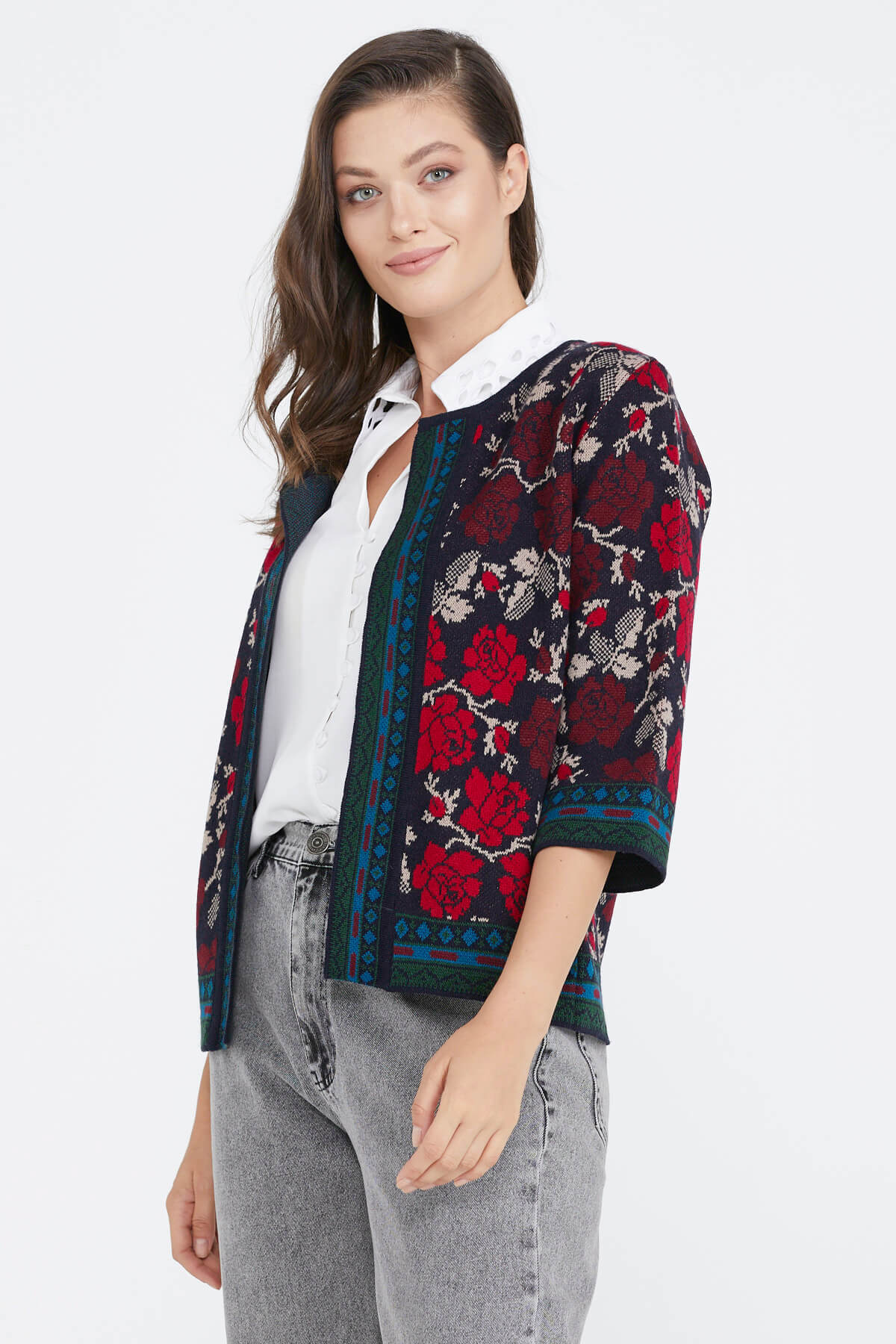Desenli Triko Kadın Ceket - Lacivert - Bordo (1) Sementa