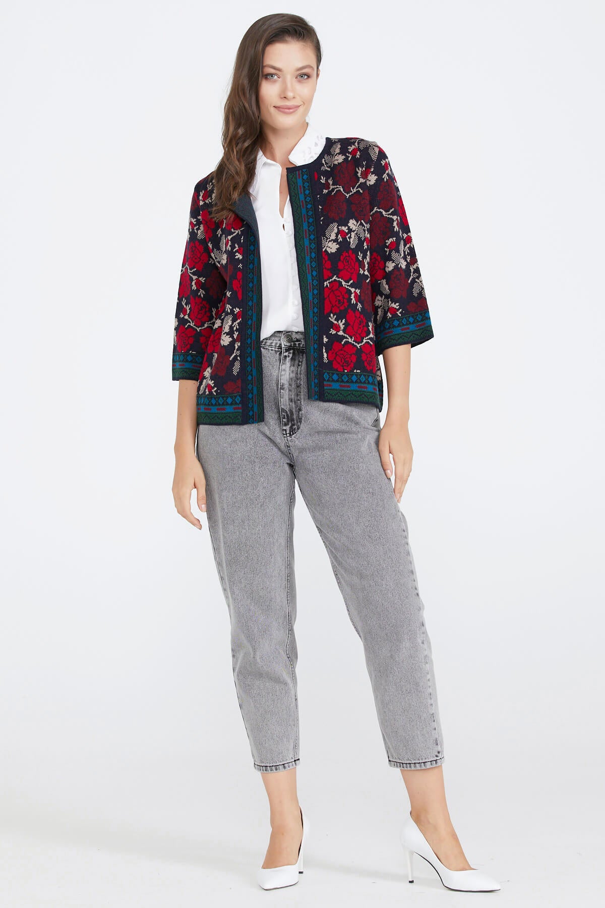 Desenli Triko Kadın Ceket - Lacivert - Bordo (2) Sementa