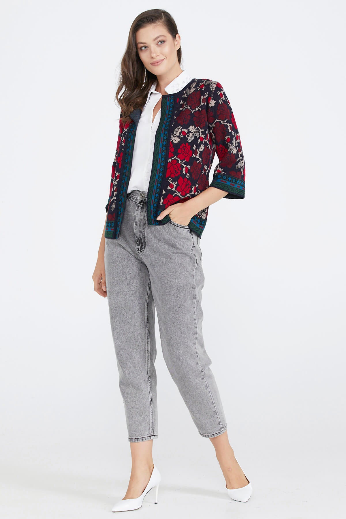 Desenli Triko Kadın Ceket - Lacivert - Bordo (3) Sementa