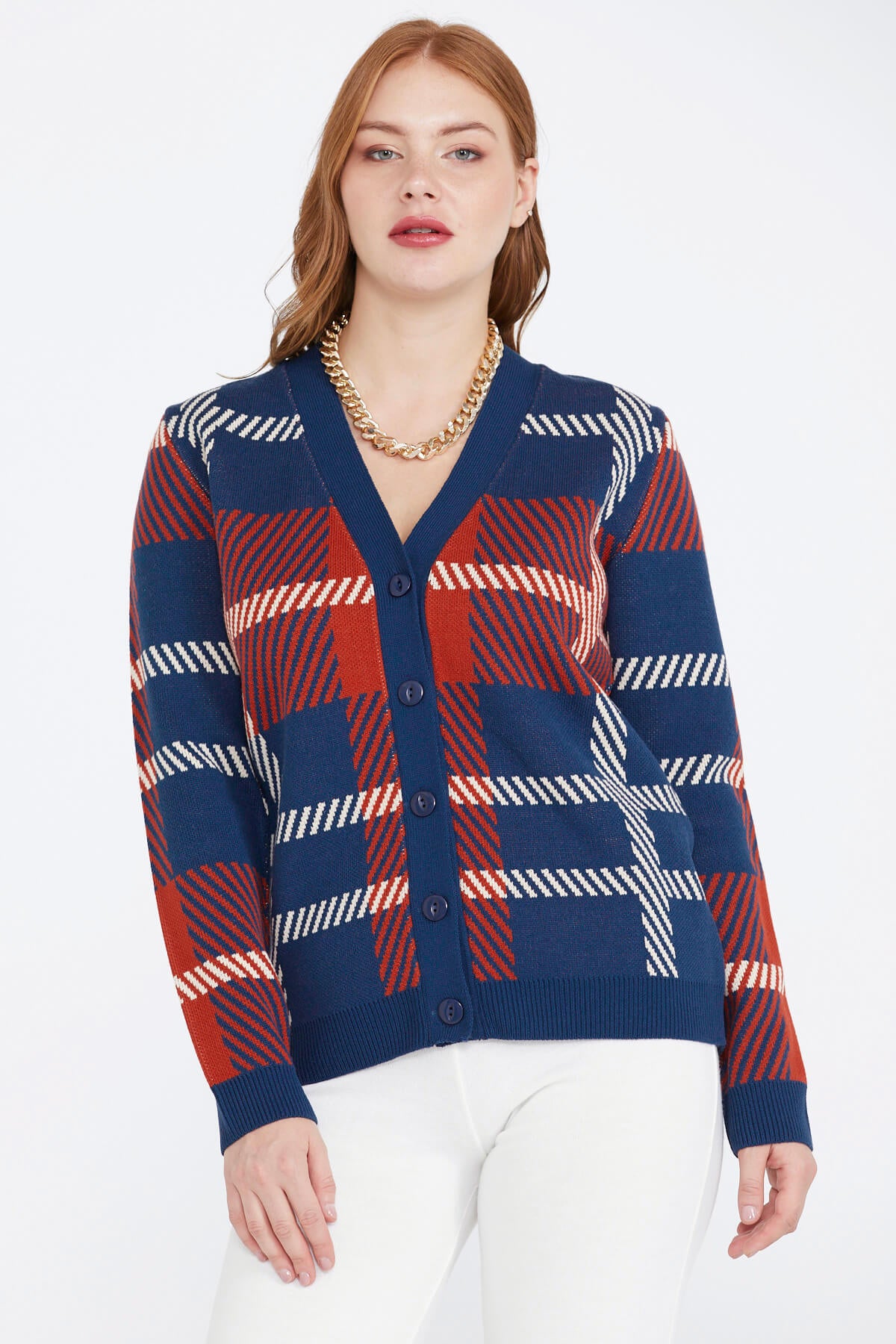 Desenli V Yaka Kadın Triko Hırka - Lacivert (1) Sementa