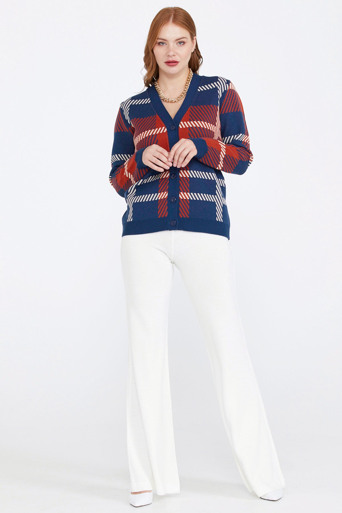 Desenli V Yaka Kadın Triko Hırka - Lacivert (2) Sementa