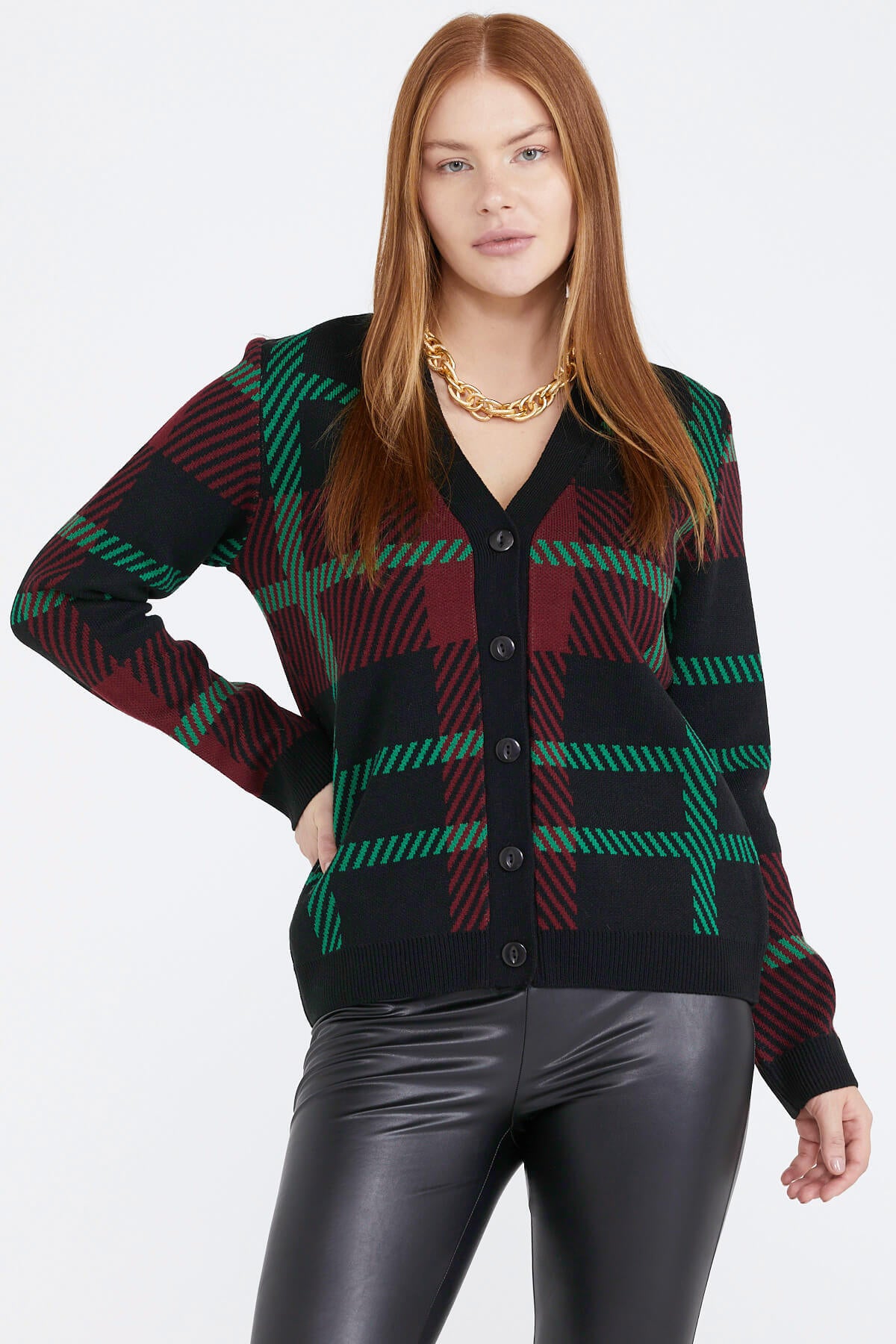 Desenli V Yaka Kadın Triko Hırka - Siyah (1) Sementa