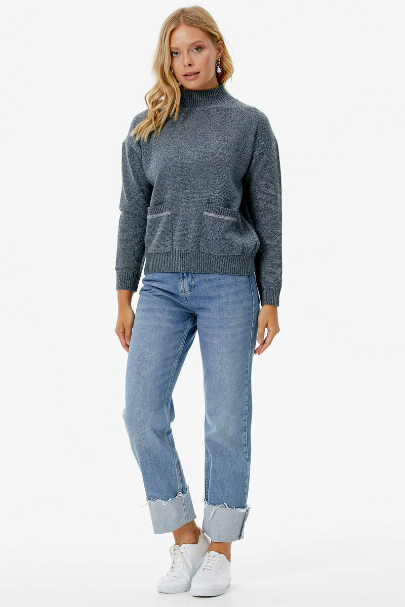 Dik Yaka Cepli Triko Kazak - Gri (1) Sementa