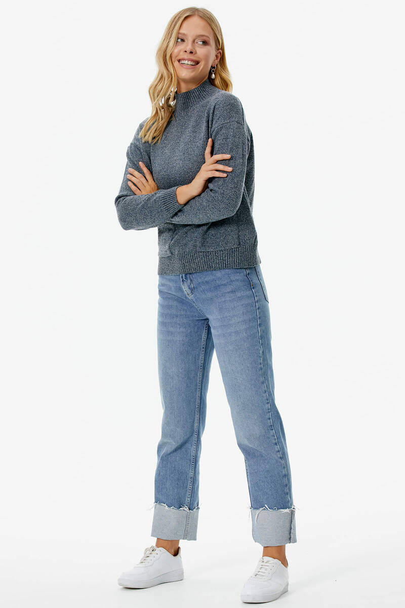 Dik Yaka Cepli Triko Kazak - Gri (2) Sementa