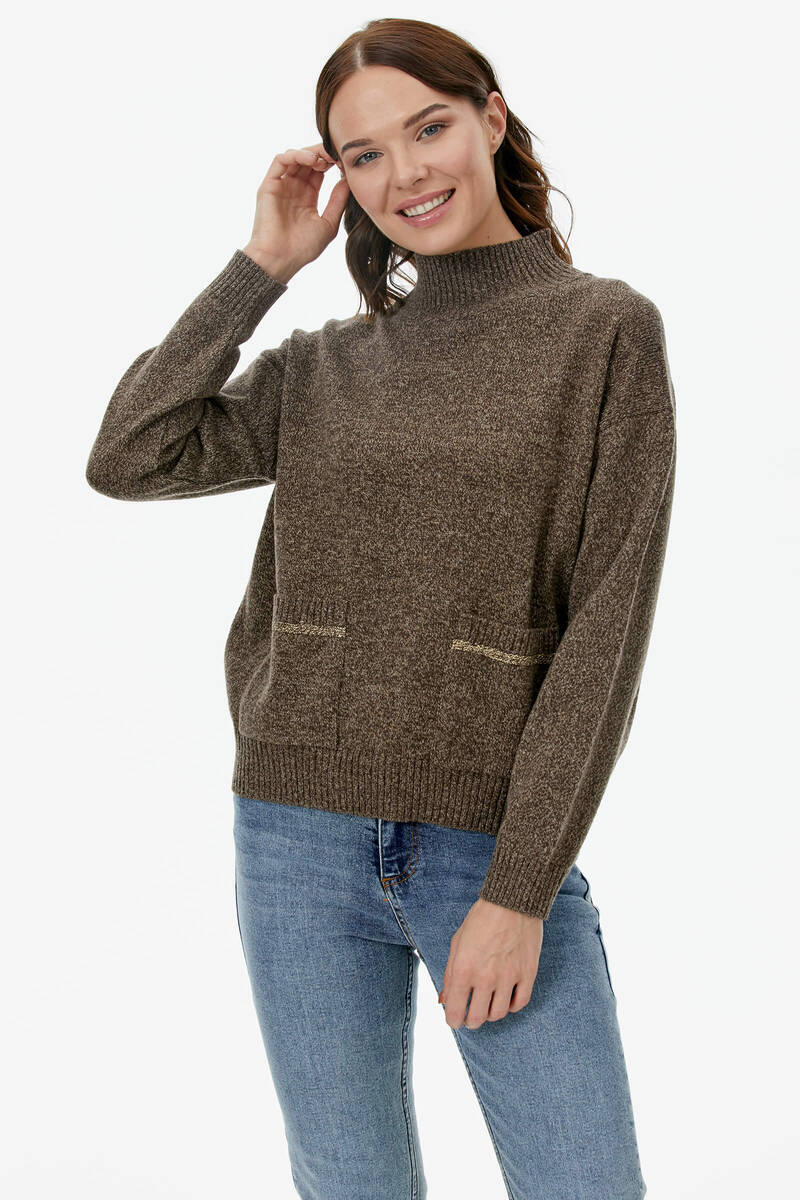 Dik Yaka Cepli Triko Kazak - Kahve (2) Sementa