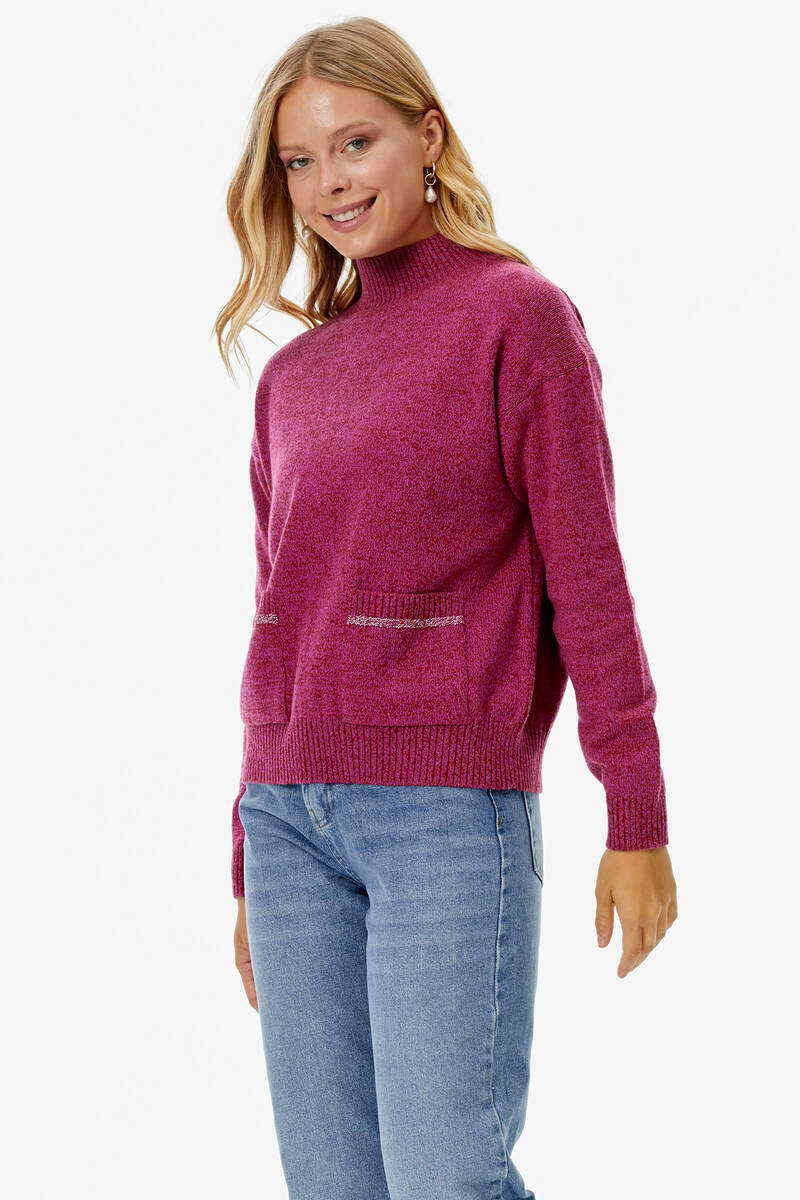 Dik Yaka Cepli Triko Kazak - Kırmızı (1) Sementa