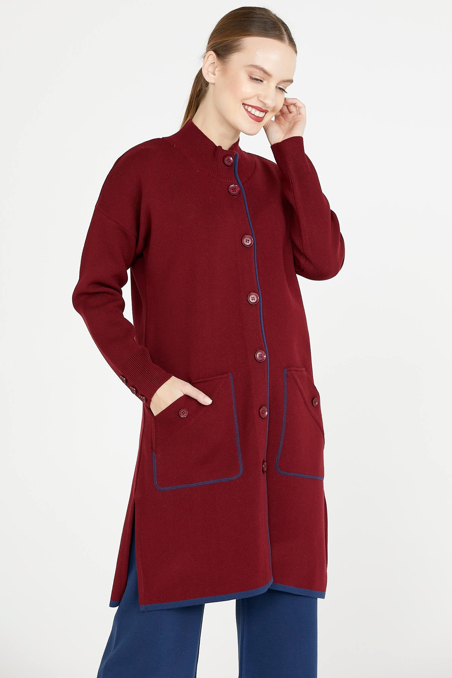 Dik Yaka Cepli Uzun Triko Ceket - Bordo (1) Sementa