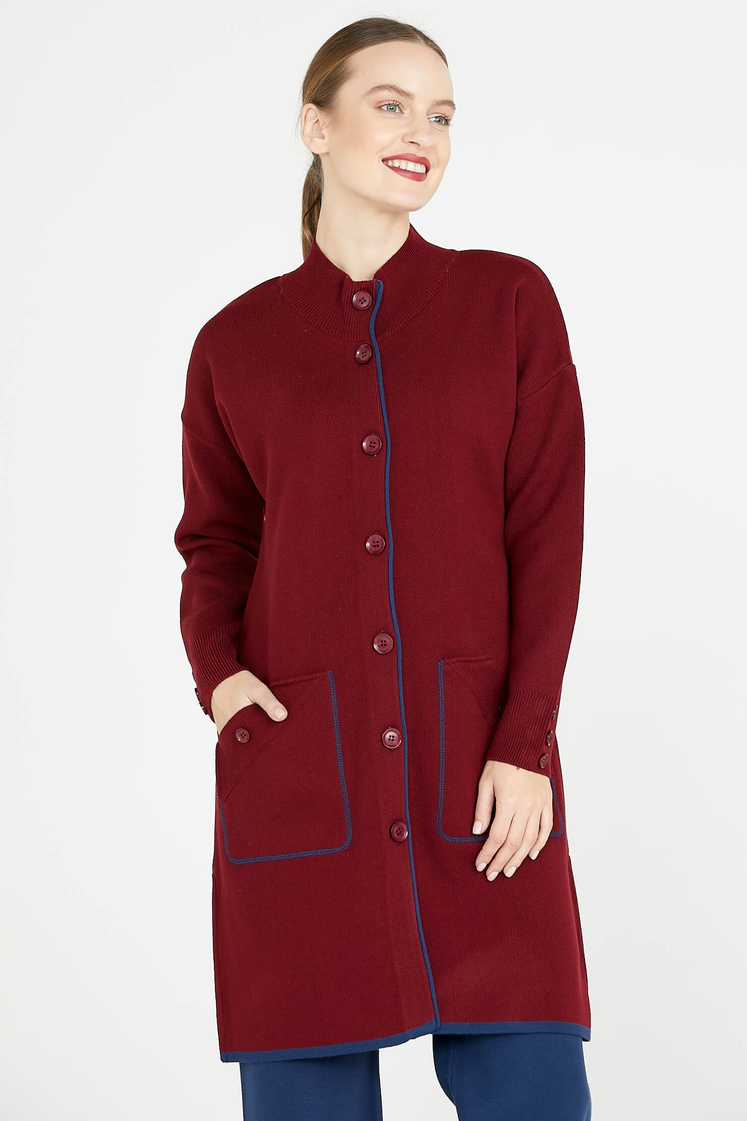 Dik Yaka Cepli Uzun Triko Ceket - Bordo (2) Sementa