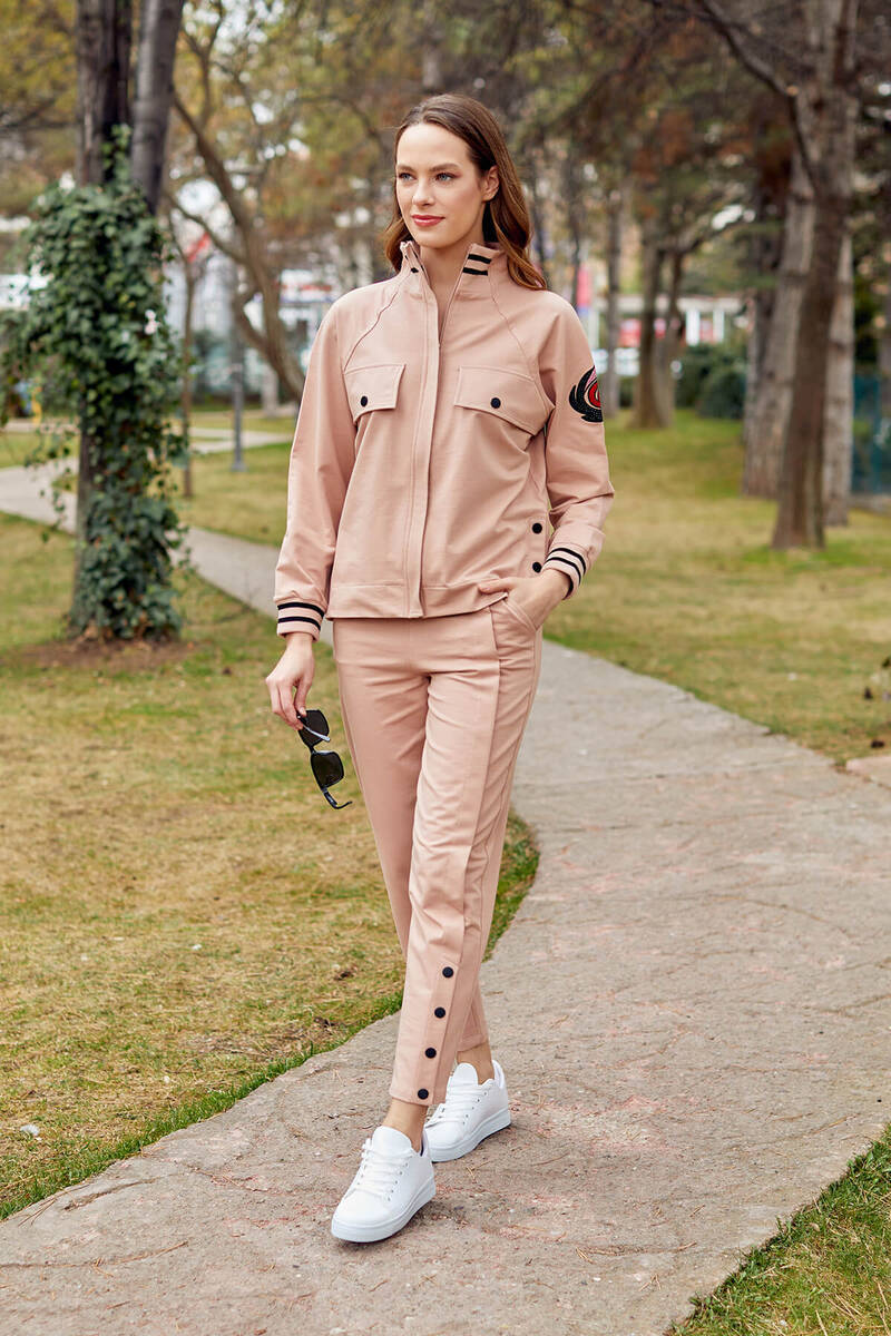 Dik Yaka Çıtçıt Detaylı Eşofman Takım - Pudra (1) Sementa