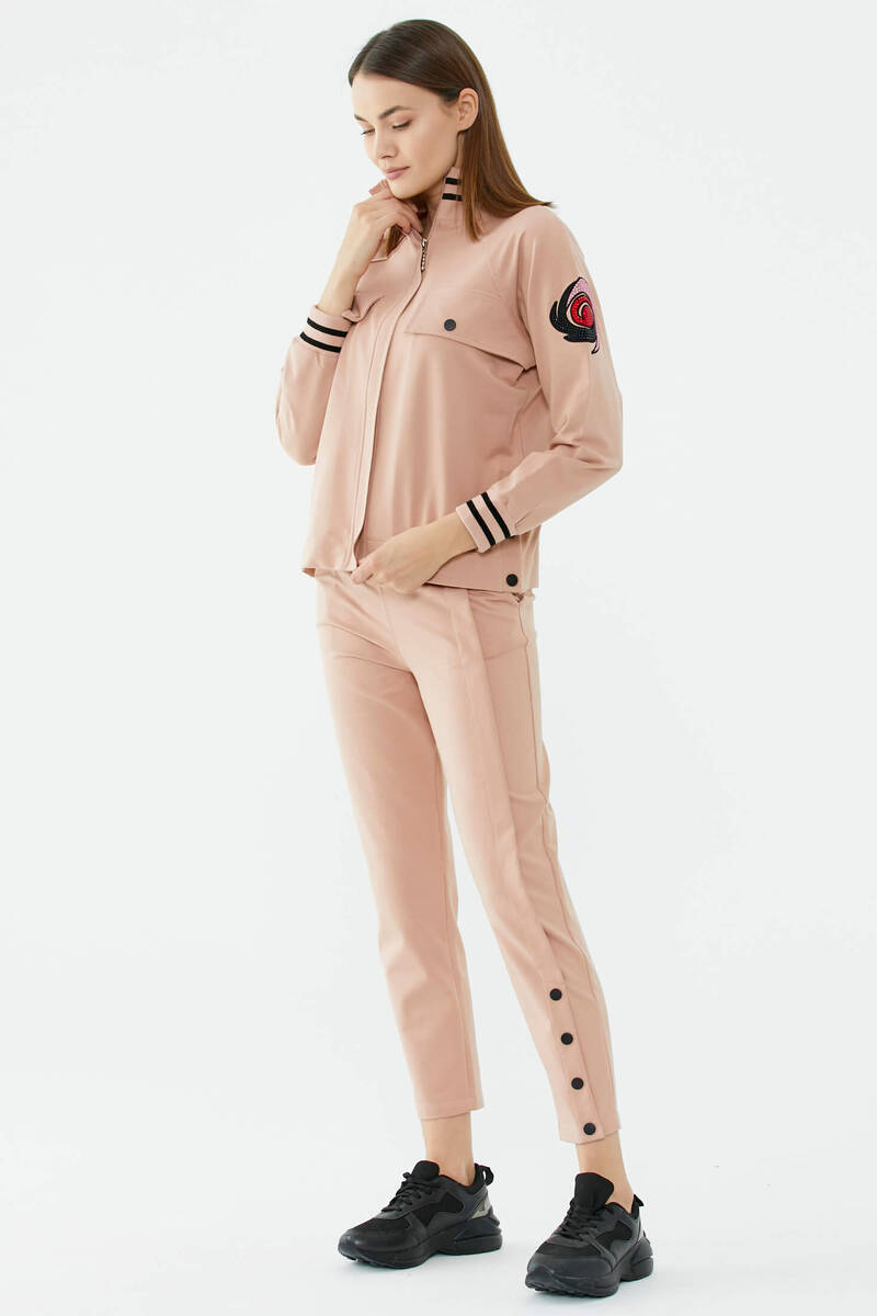 Dik Yaka Çıtçıt Detaylı Eşofman Takım - Pudra (4) Sementa