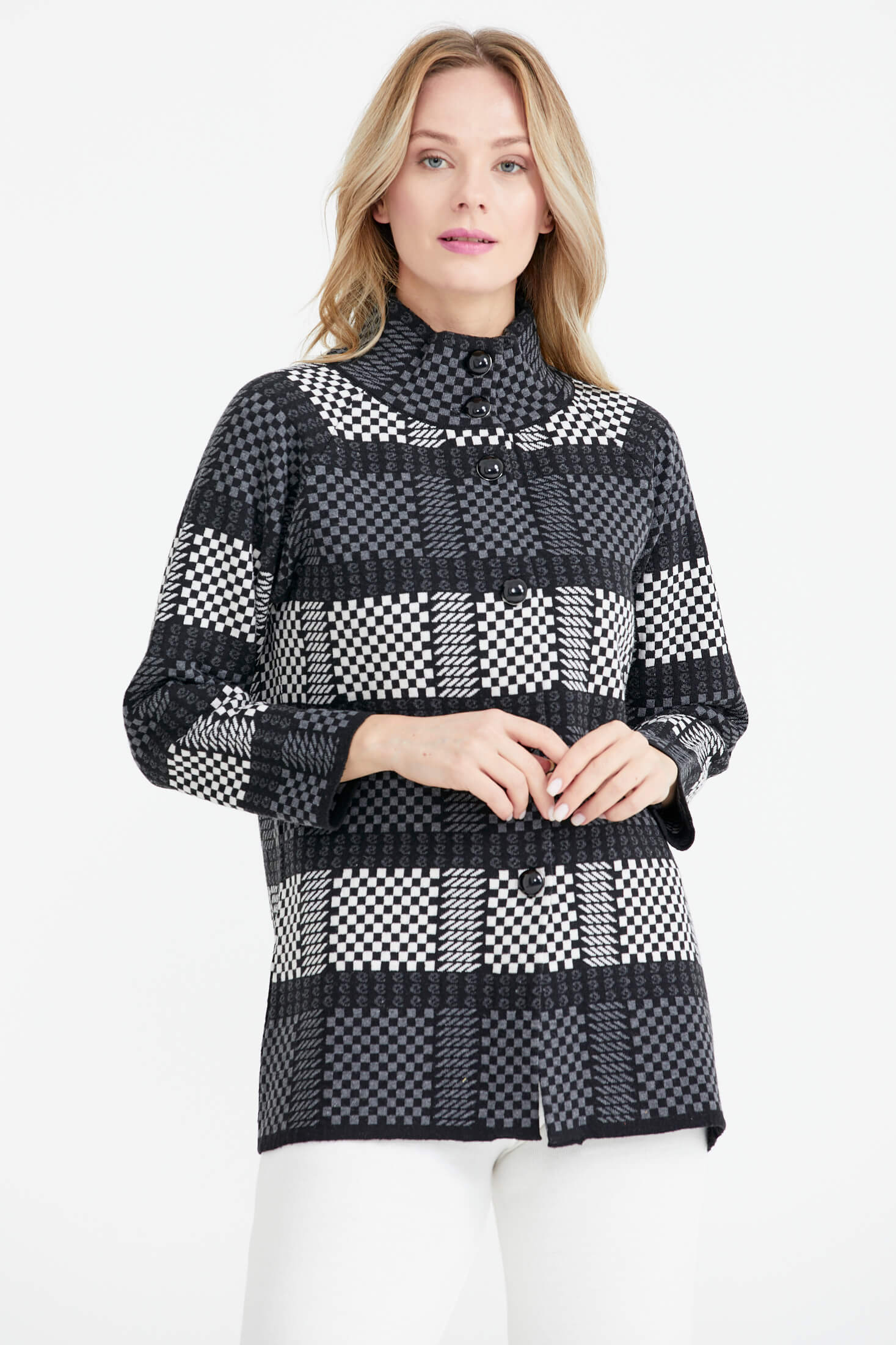 Dik Yaka Düğmeli Dama Desenli Triko Hırka - Siyah (2) Sementa