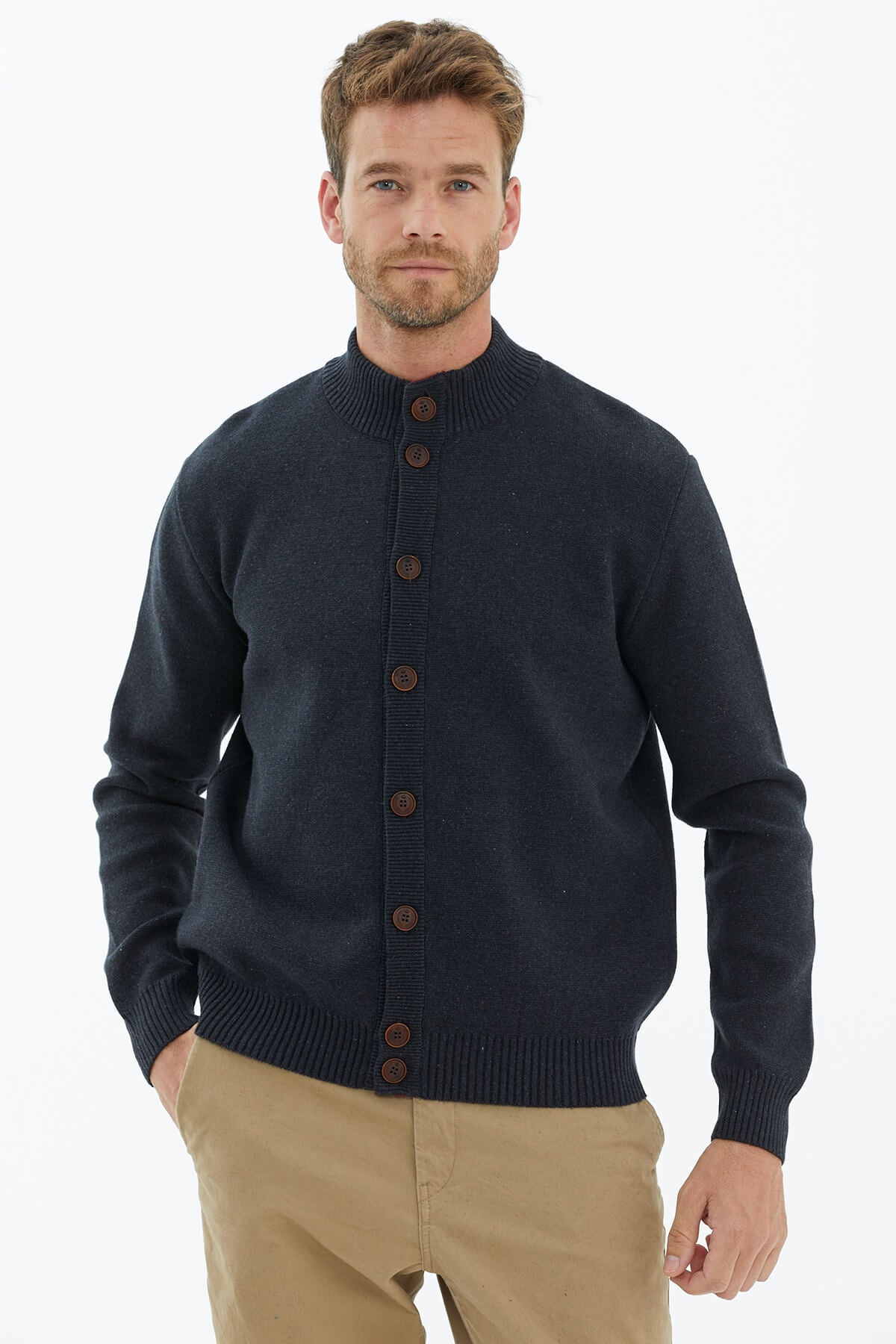 Dik Yaka Düğmeli Triko Hırka - Antrasit (2) Sementa