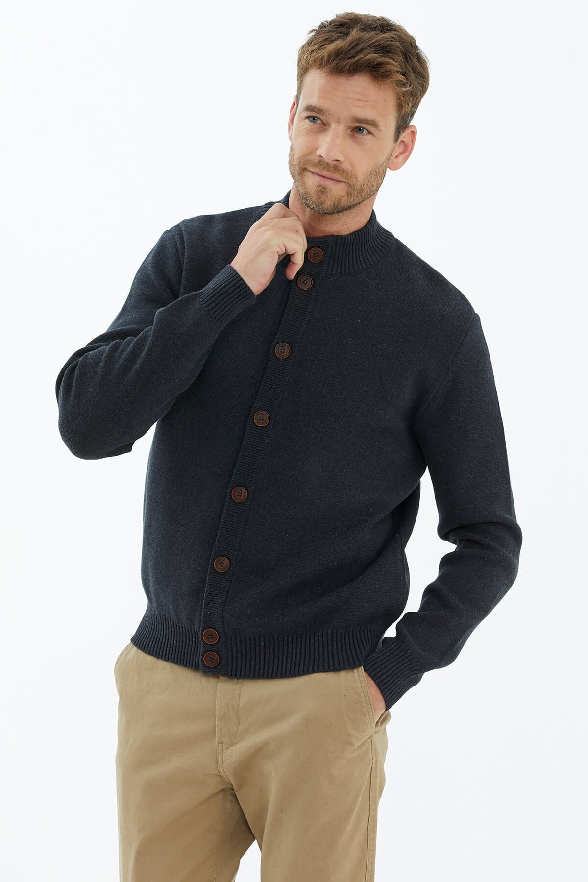 Dik Yaka Düğmeli Triko Hırka - Antrasit (3) Sementa