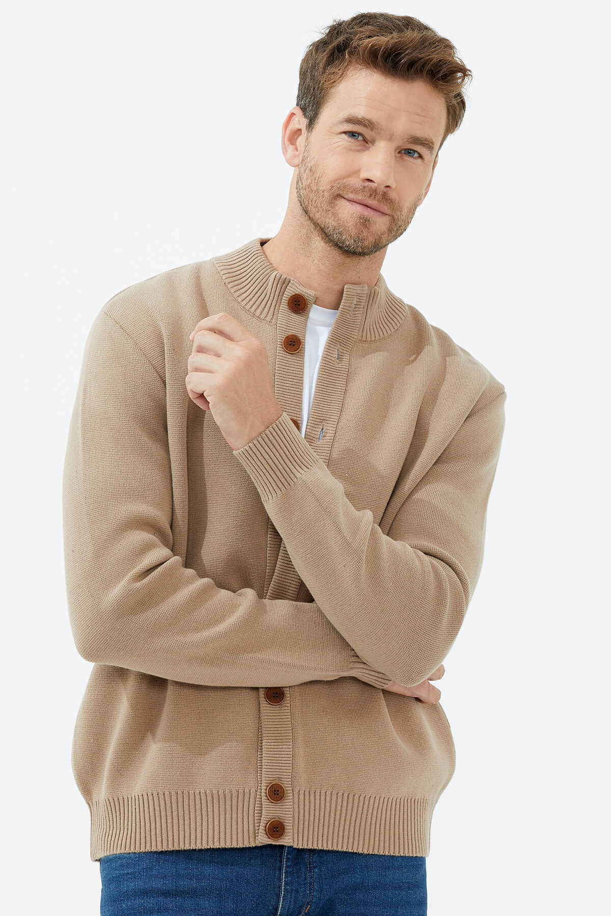 Dik Yaka Düğmeli Triko Hırka - Kamel (1) Sementa