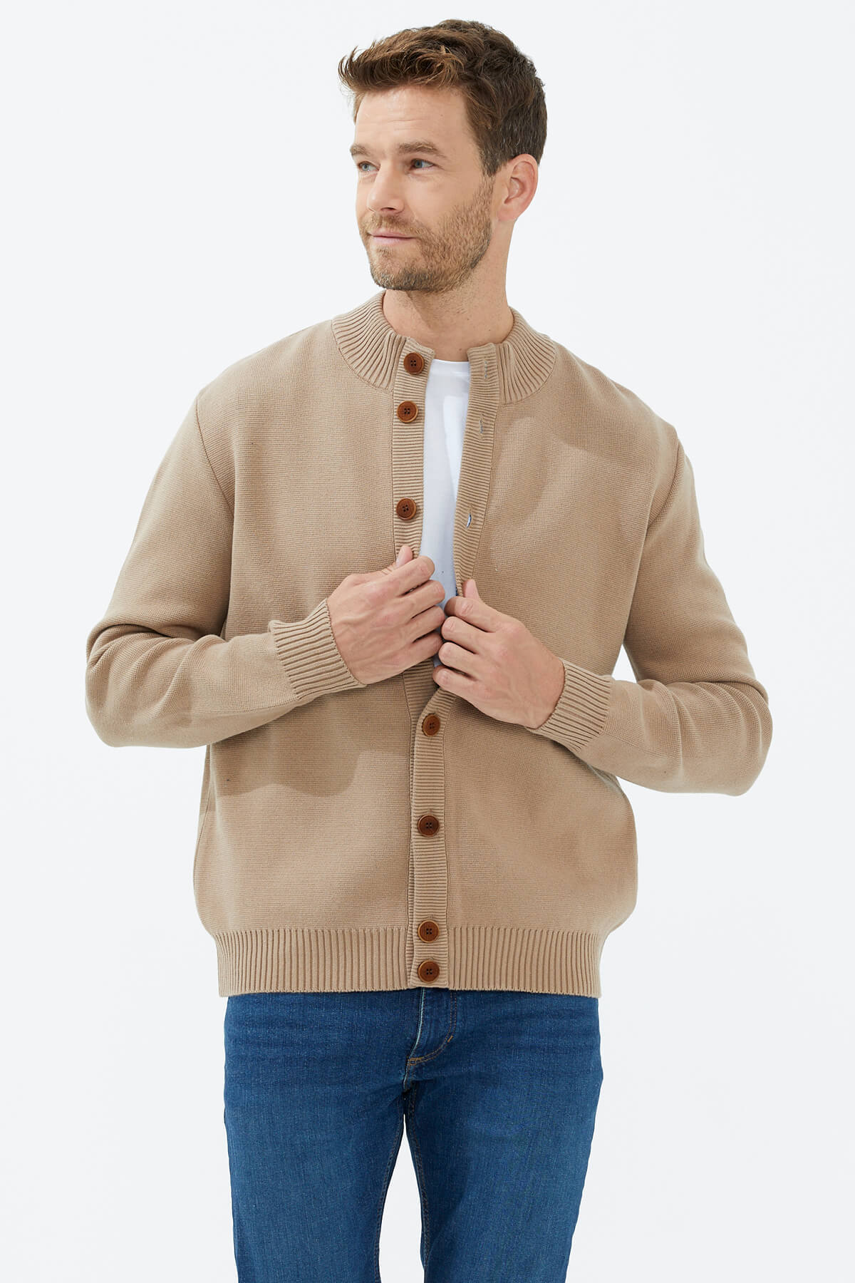 Dik Yaka Düğmeli Triko Hırka - Kamel (2) Sementa