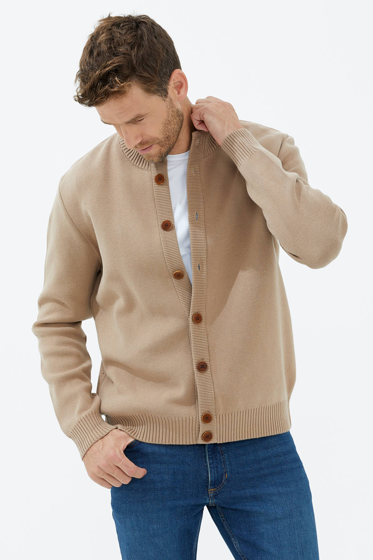 Dik Yaka Düğmeli Triko Hırka - Kamel (3) Sementa