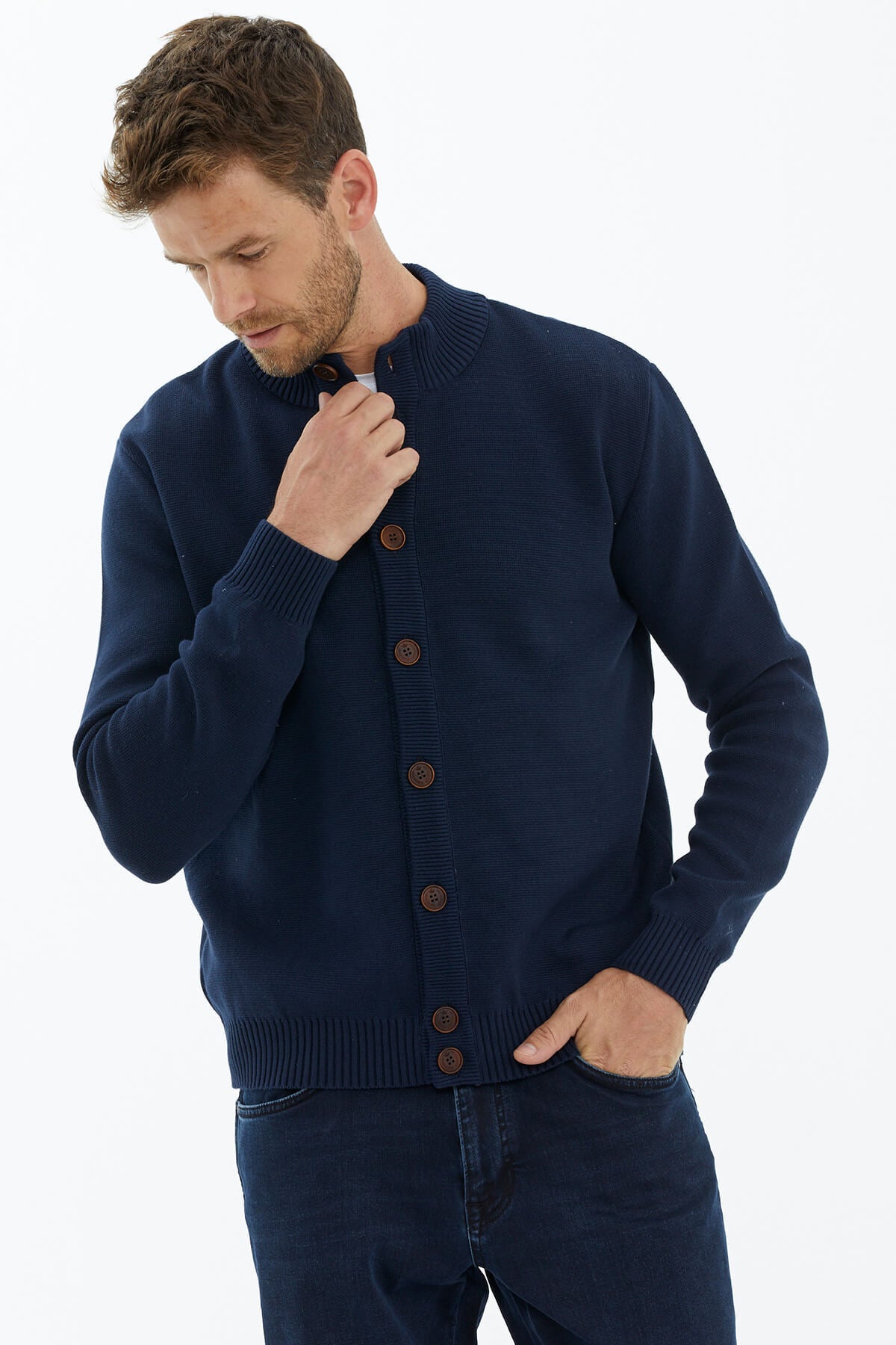 Dik Yaka Düğmeli Triko Hırka - Lacivert (2) Sementa