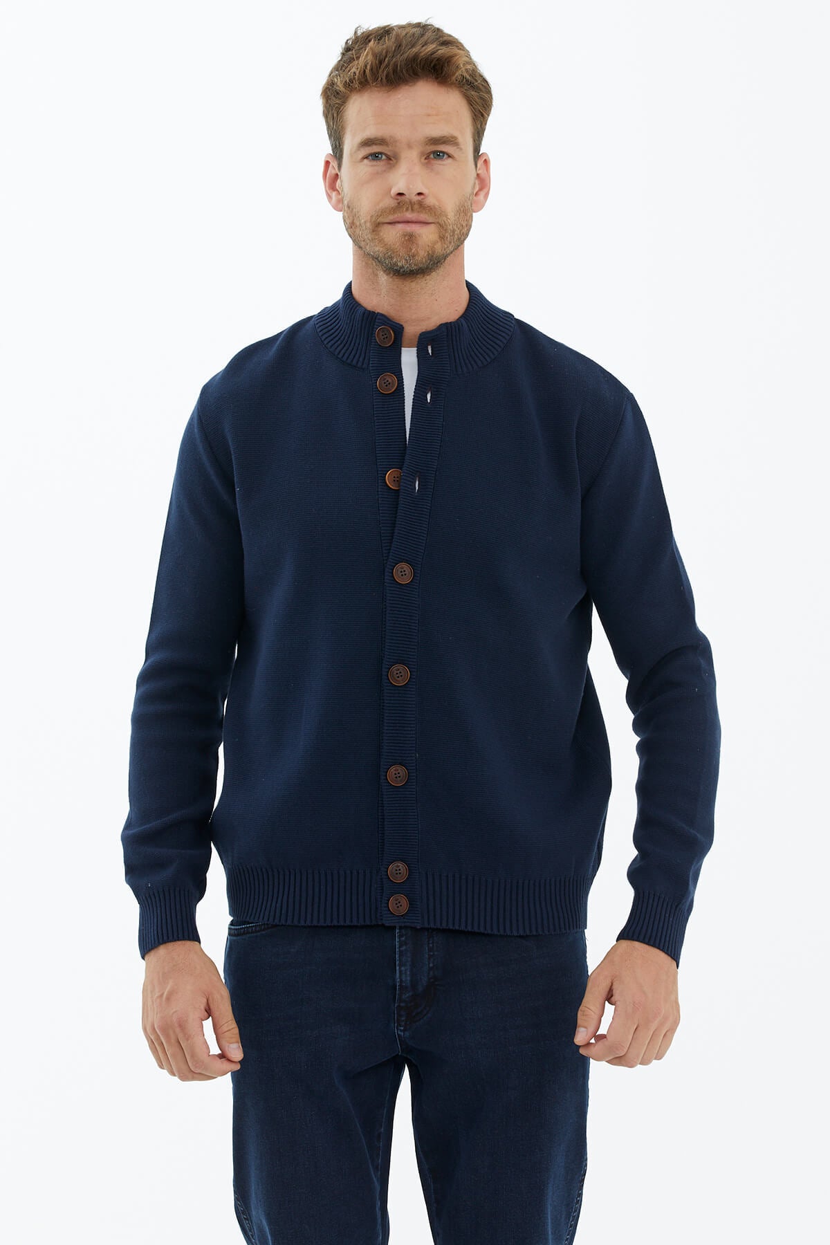 Dik Yaka Düğmeli Triko Hırka - Lacivert (3) Sementa