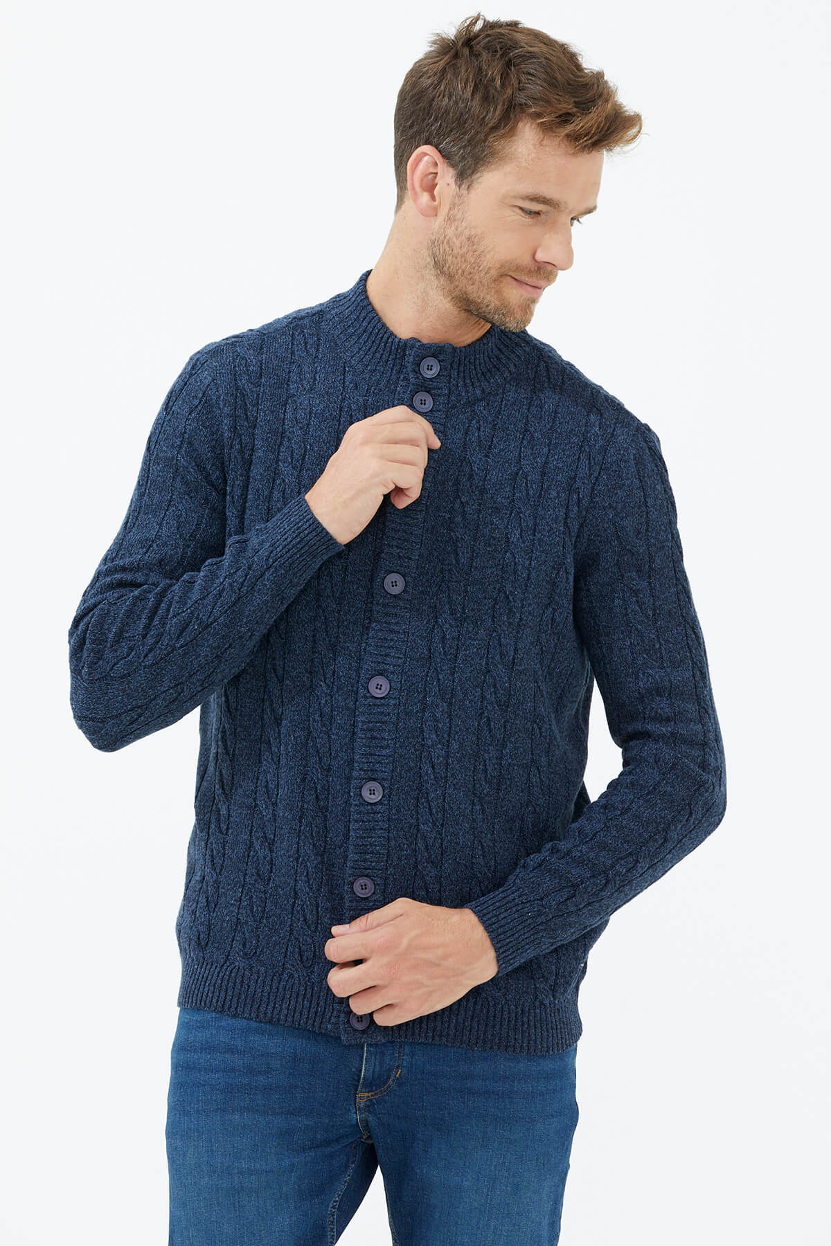 Dik Yaka Düğmeli Triko Hırka - Lacivert (3) Sementa