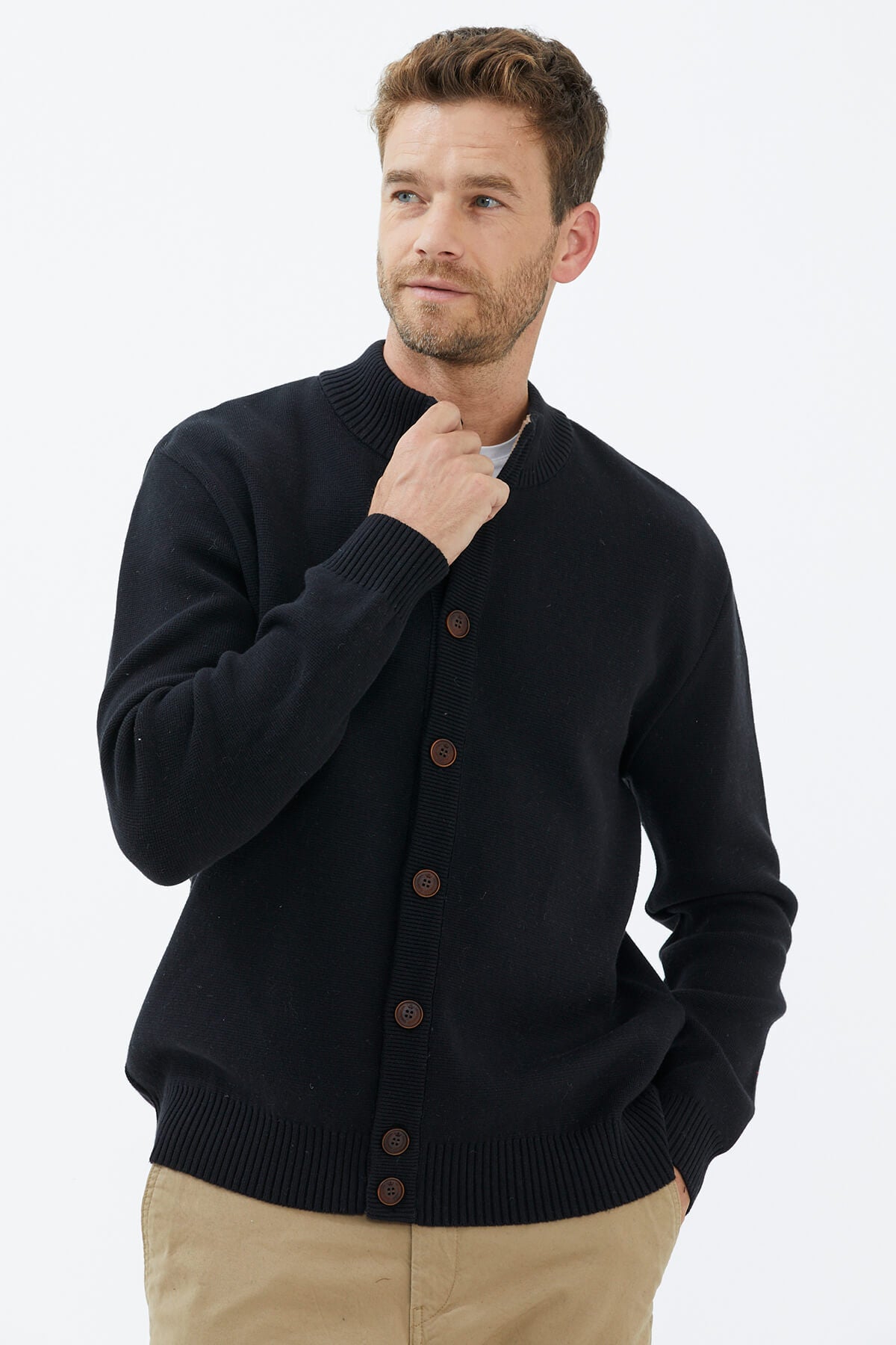 Dik Yaka Düğmeli Triko Hırka - Siyah (2) Sementa