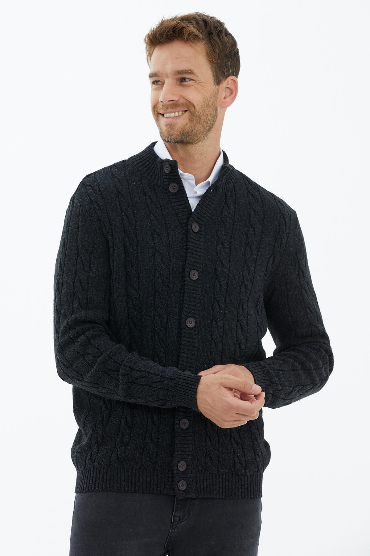 Dik Yaka Düğmeli Triko Hırka - Siyah (1) Sementa