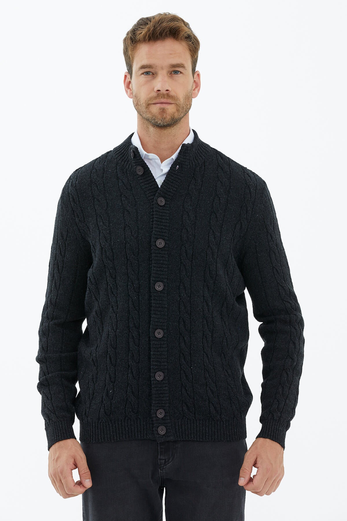 Dik Yaka Düğmeli Triko Hırka - Siyah (2) Sementa