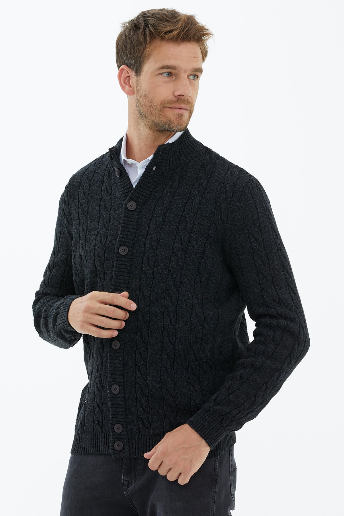 Dik Yaka Düğmeli Triko Hırka - Siyah (3) Sementa