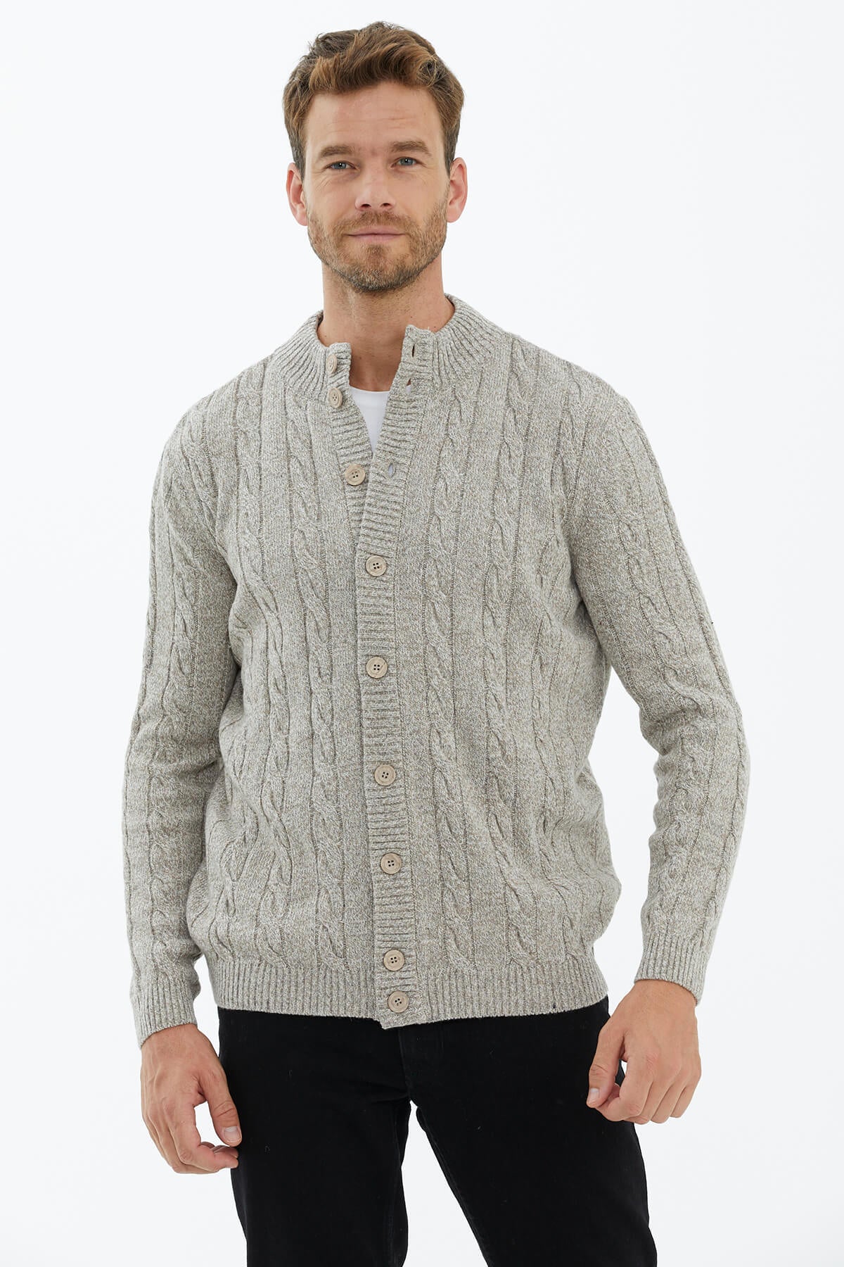 Dik Yaka Düğmeli Triko Hırka - Sütlü Kahve (2) Sementa